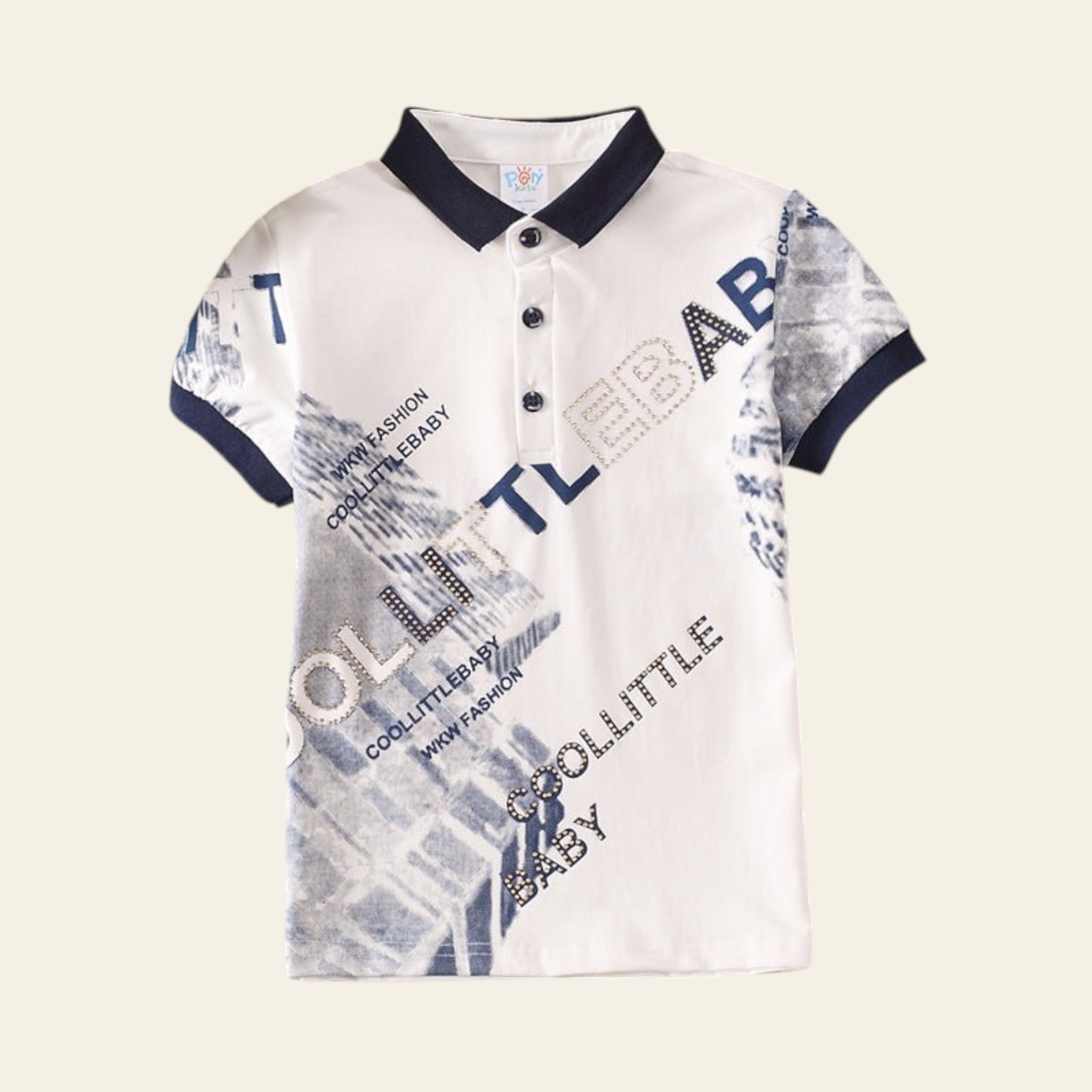 Children's polo shirt with text design on a striped surface