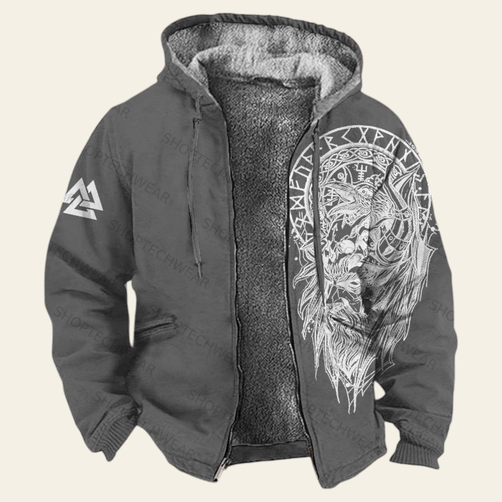 Men's gray zip-up hooded jacket with graphic print