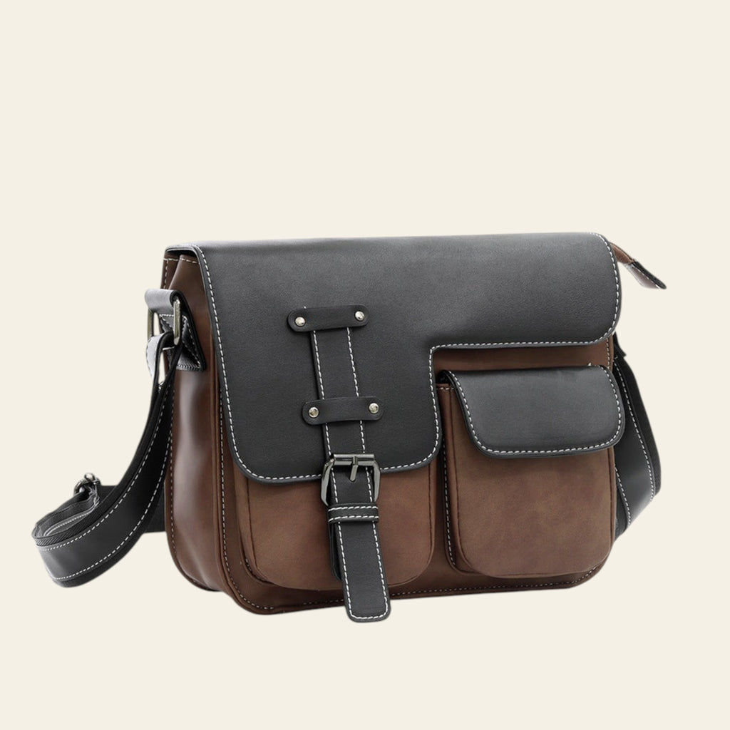 Brown and gray leather satchel bag on a white background