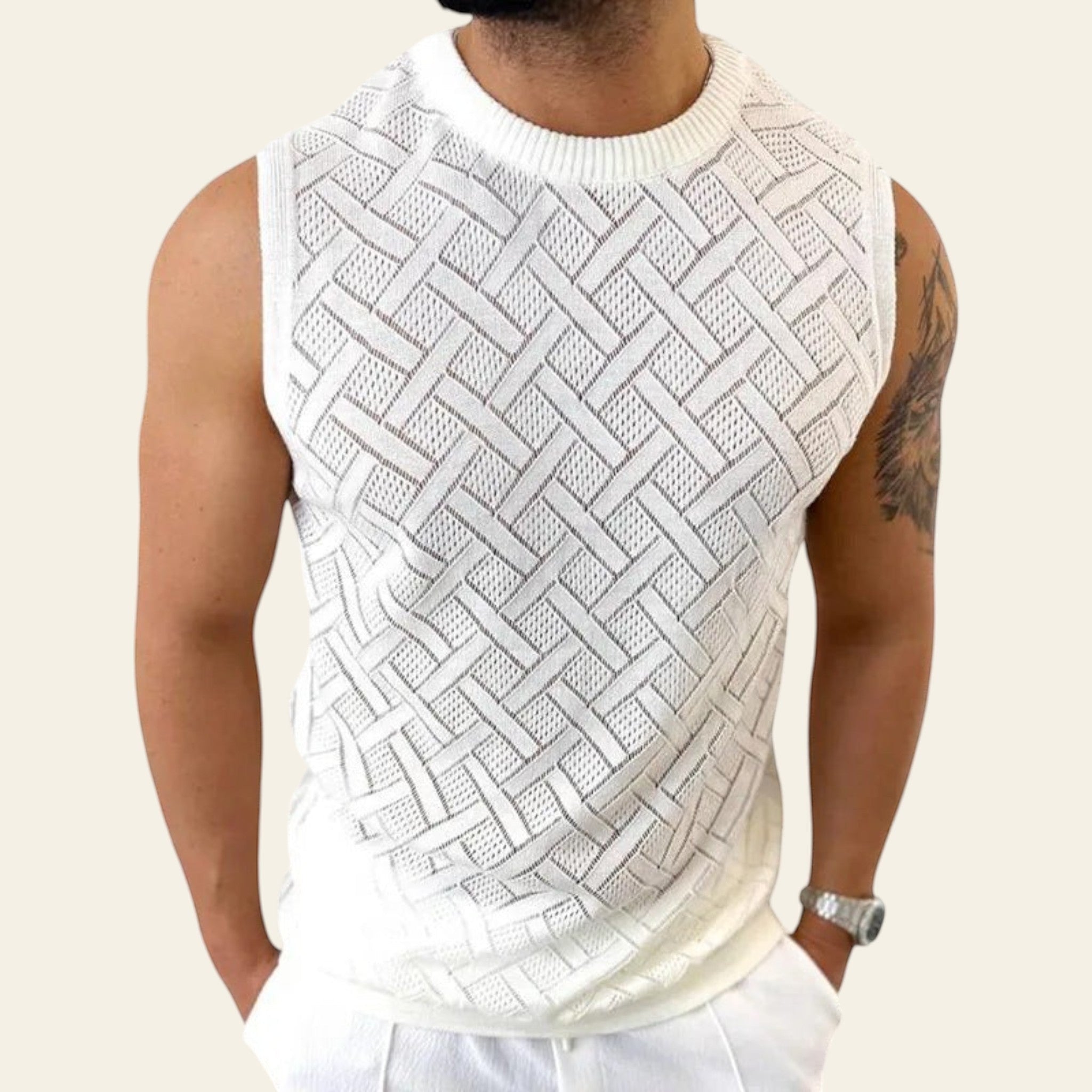 Men wearing a white sleeveless knitted summer top