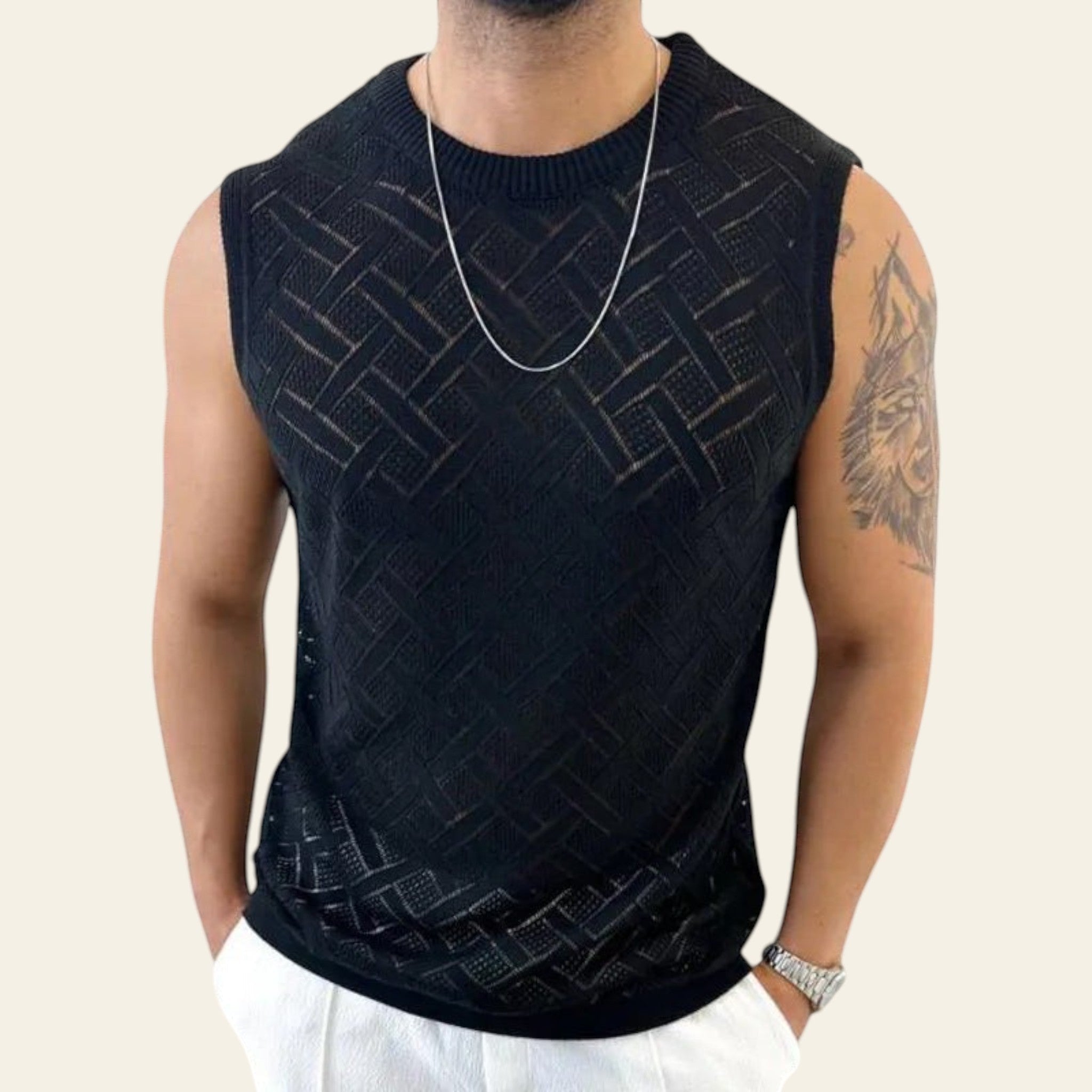 Men wearing a black sleeveless knitted casual shirt