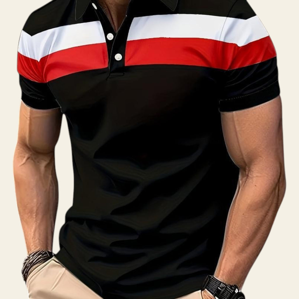 Man wearing a black polo shirt with red and white horizontal stripes on a city street