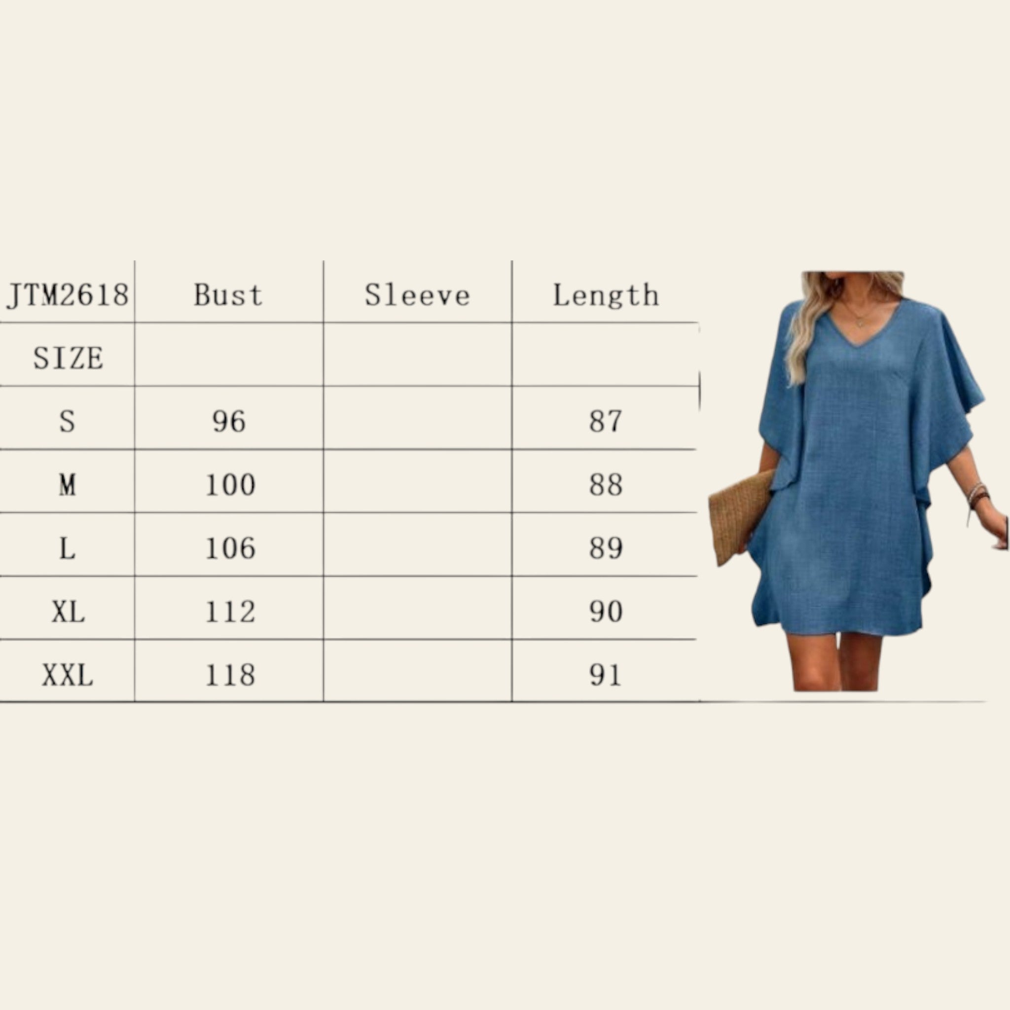 Women's casual dress size chart showing bust and length measurements