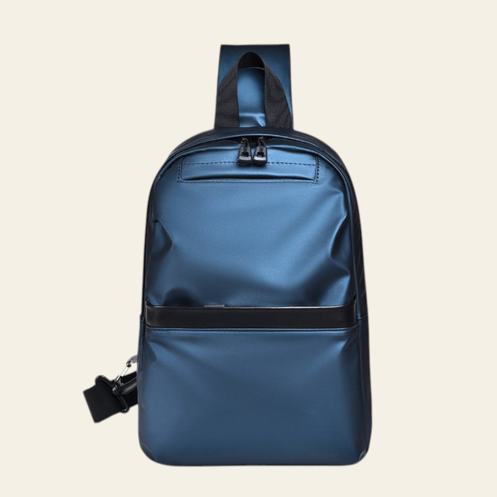 Blue backpack with black accents on a white background