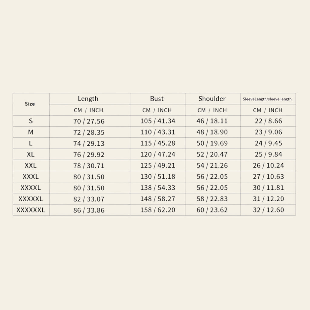 Men's t-shirt size chart showing length, chest, shoulder, and sleeve measurements in cm and inches