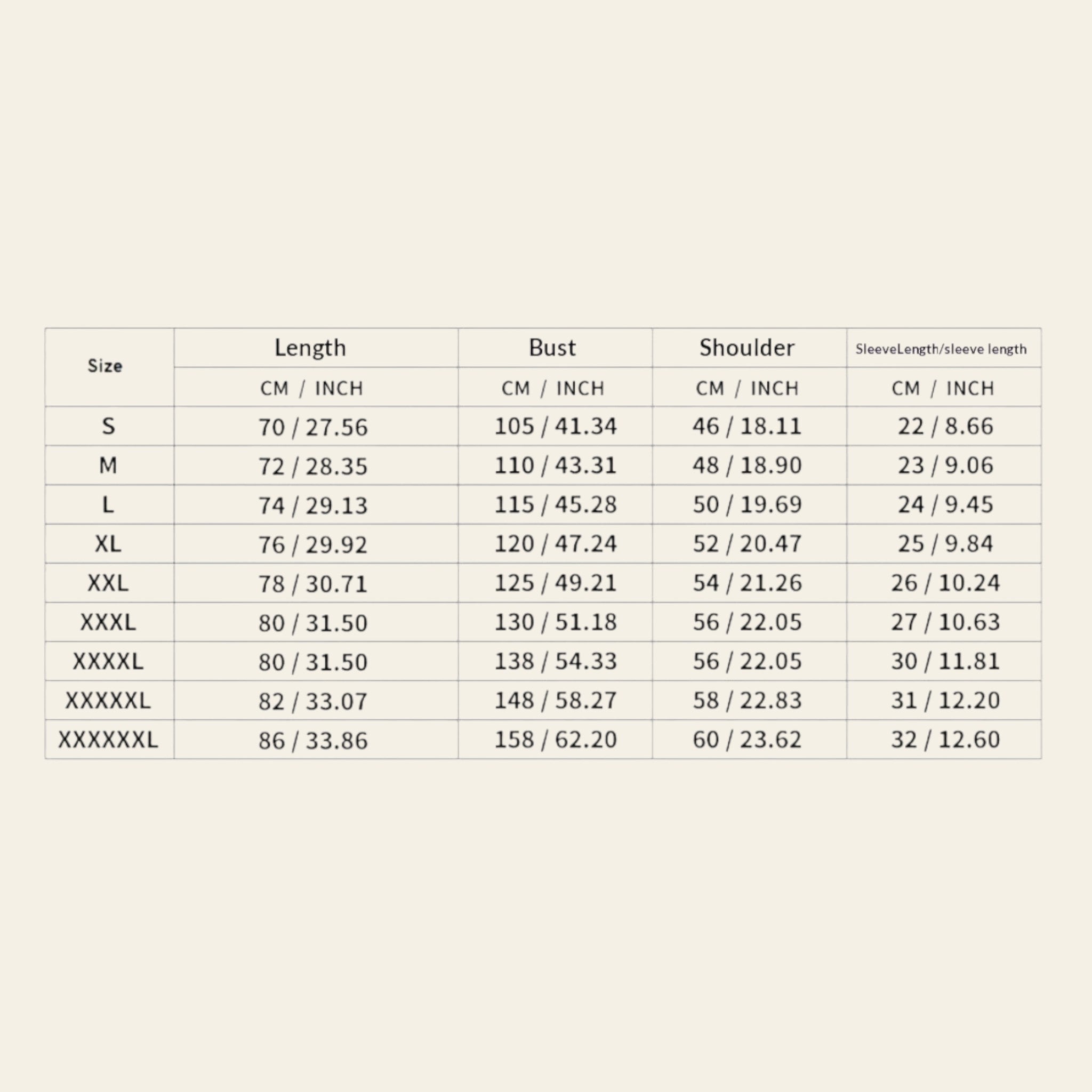 Men's t-shirt size chart showing length, chest, shoulder, and sleeve measurements in cm and inches