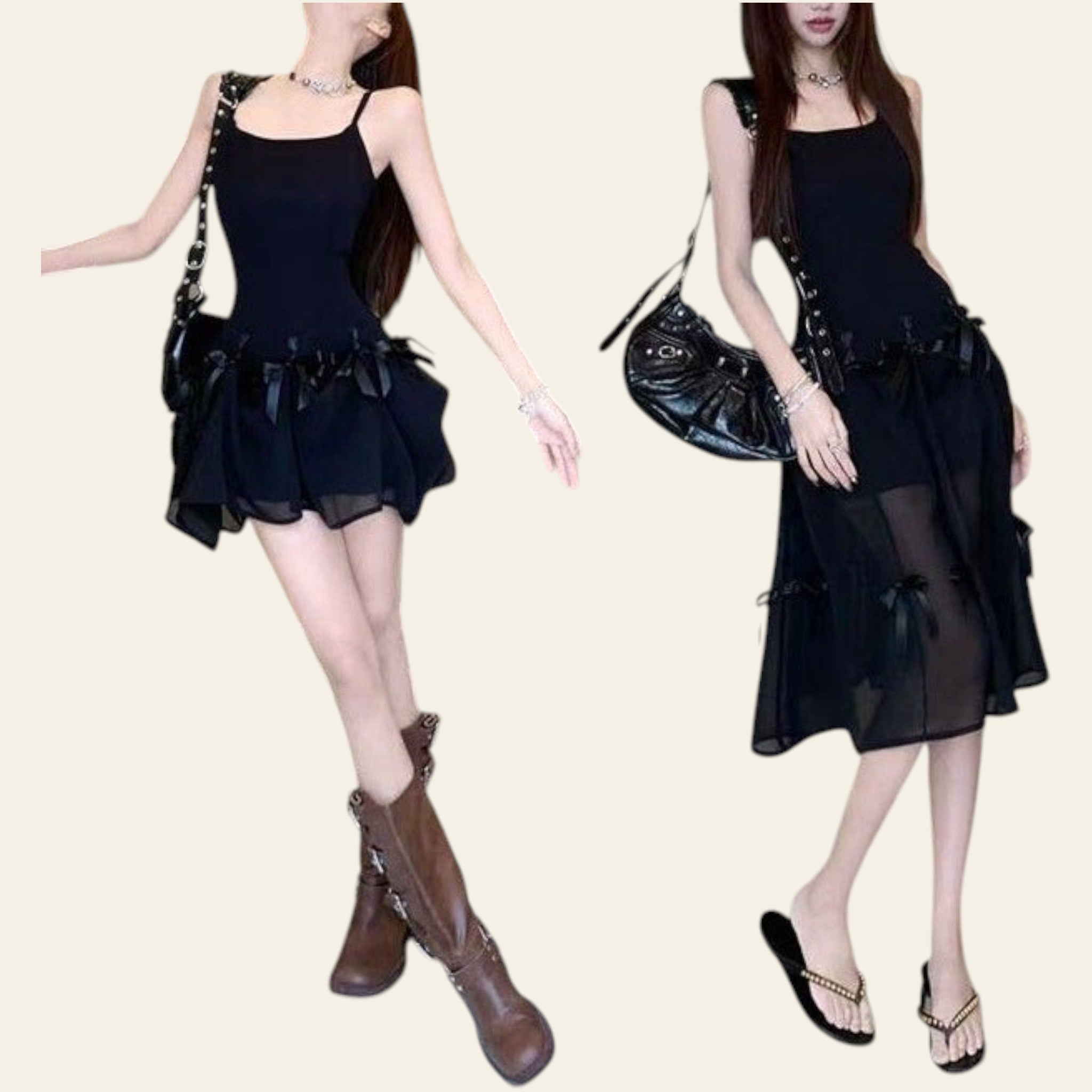Black bow-neck sleeveless slip dress