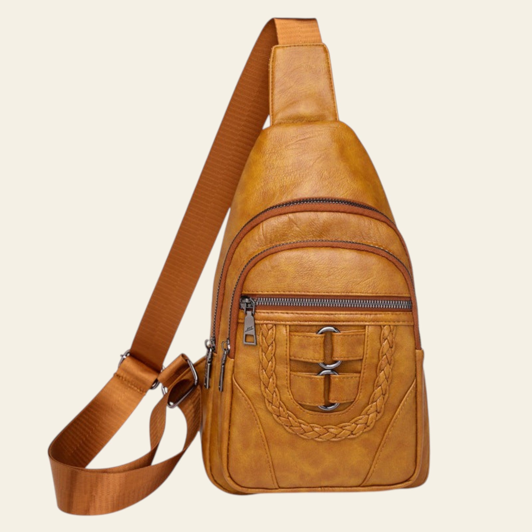Brown leather sling bag with braided detail on a white background