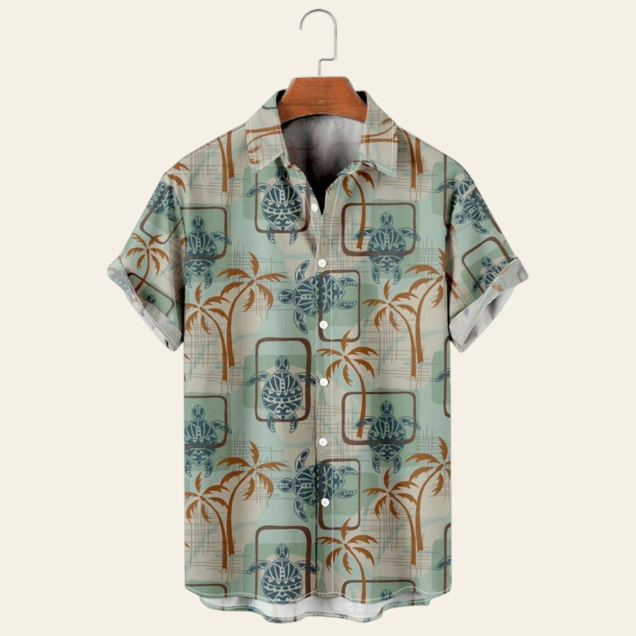 Light blue men's short sleeve shirt with palm tree and geometric tropical print, casual lapel button-up shirt on hanger