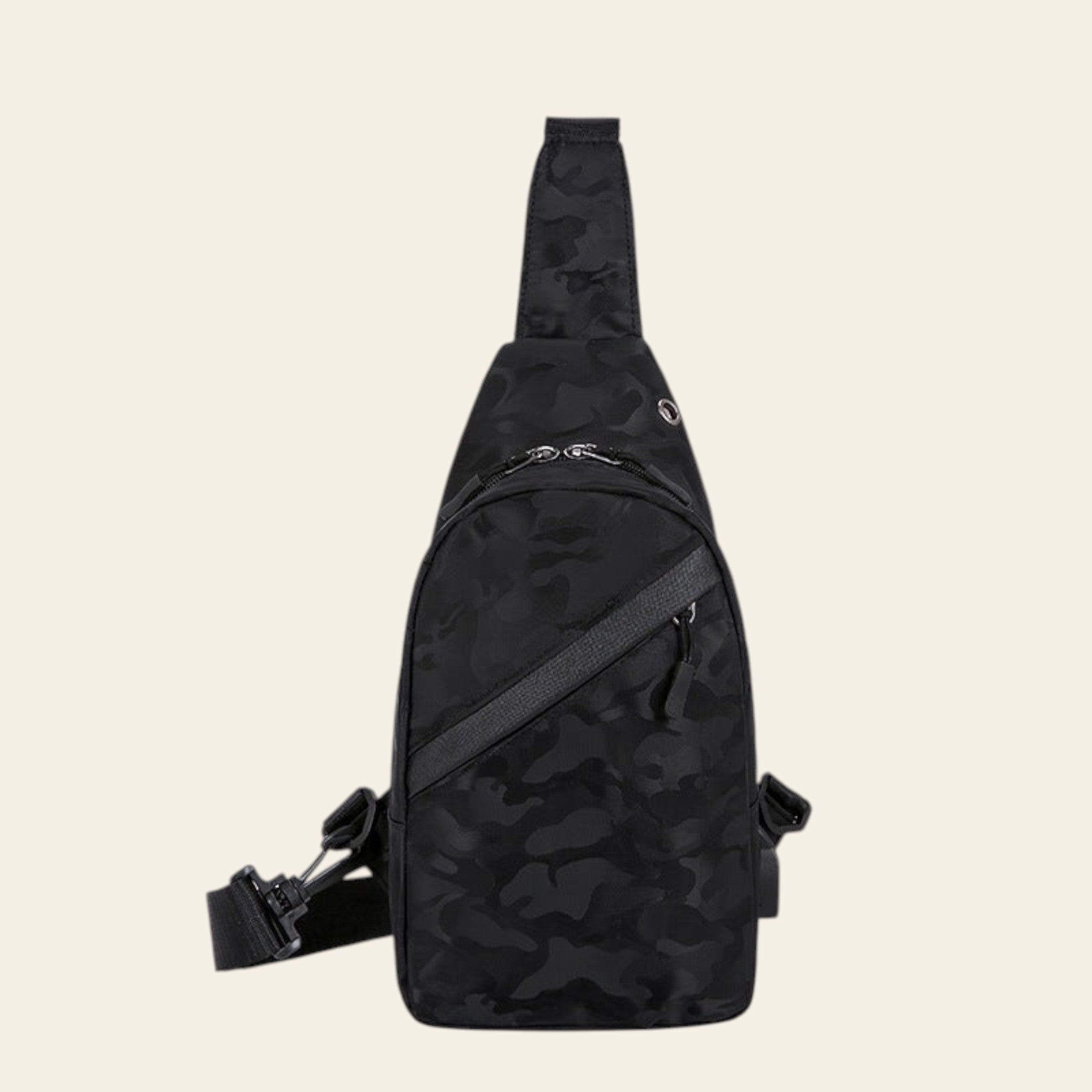 Black camouflage sling bag on a white background