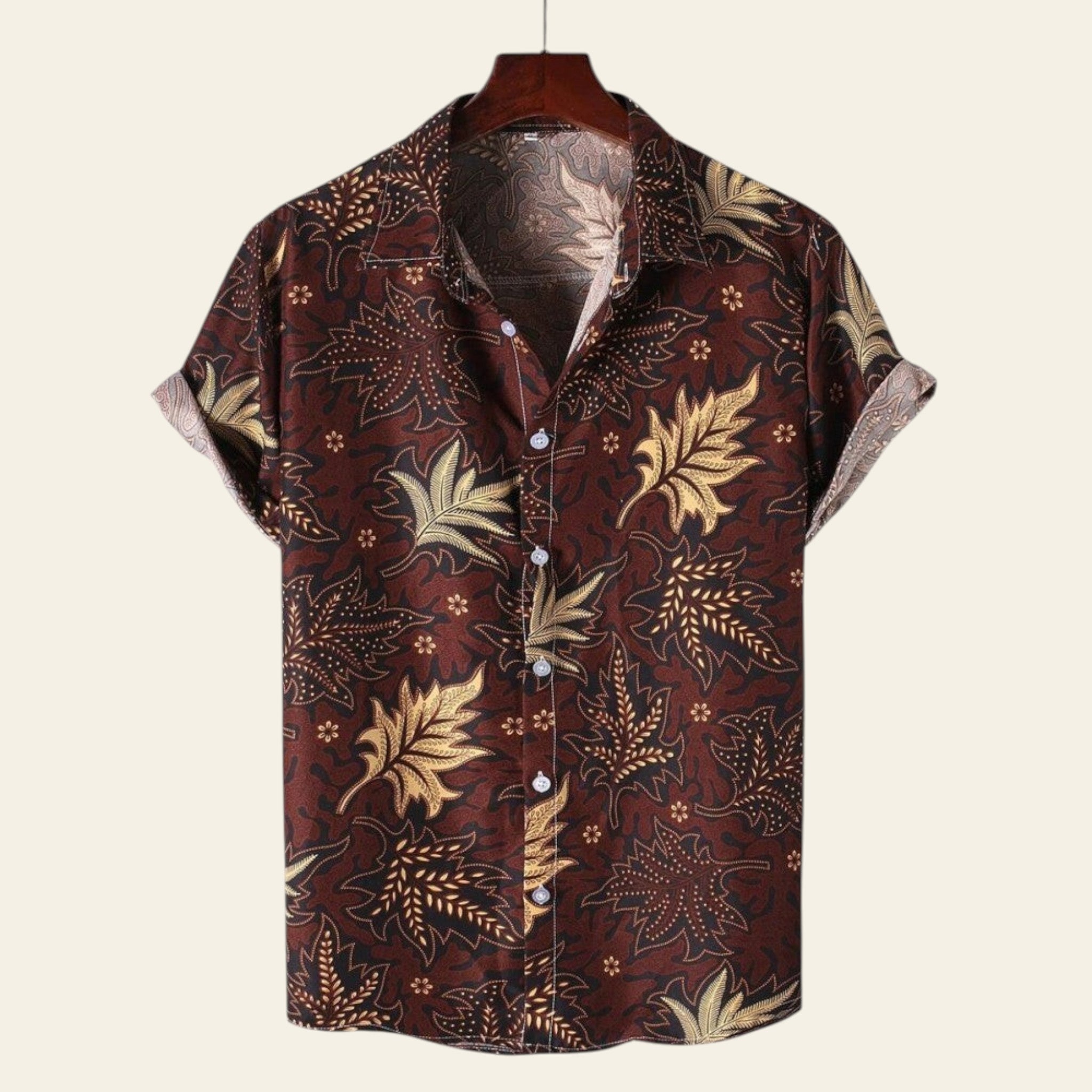 Burgundy men's short sleeve shirt with vintage leaf pattern, casual lapel button-up shirt