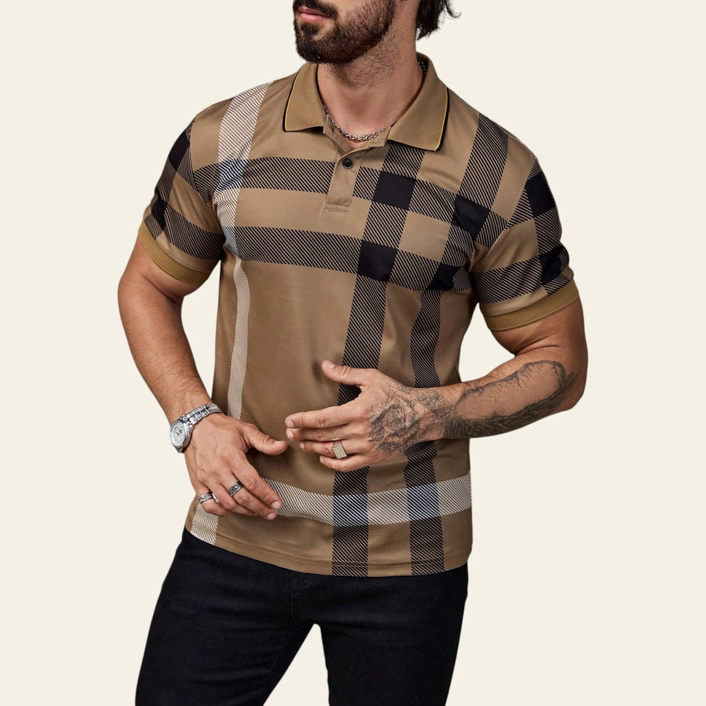 Man wearing a brown and beige checkered polo shirt