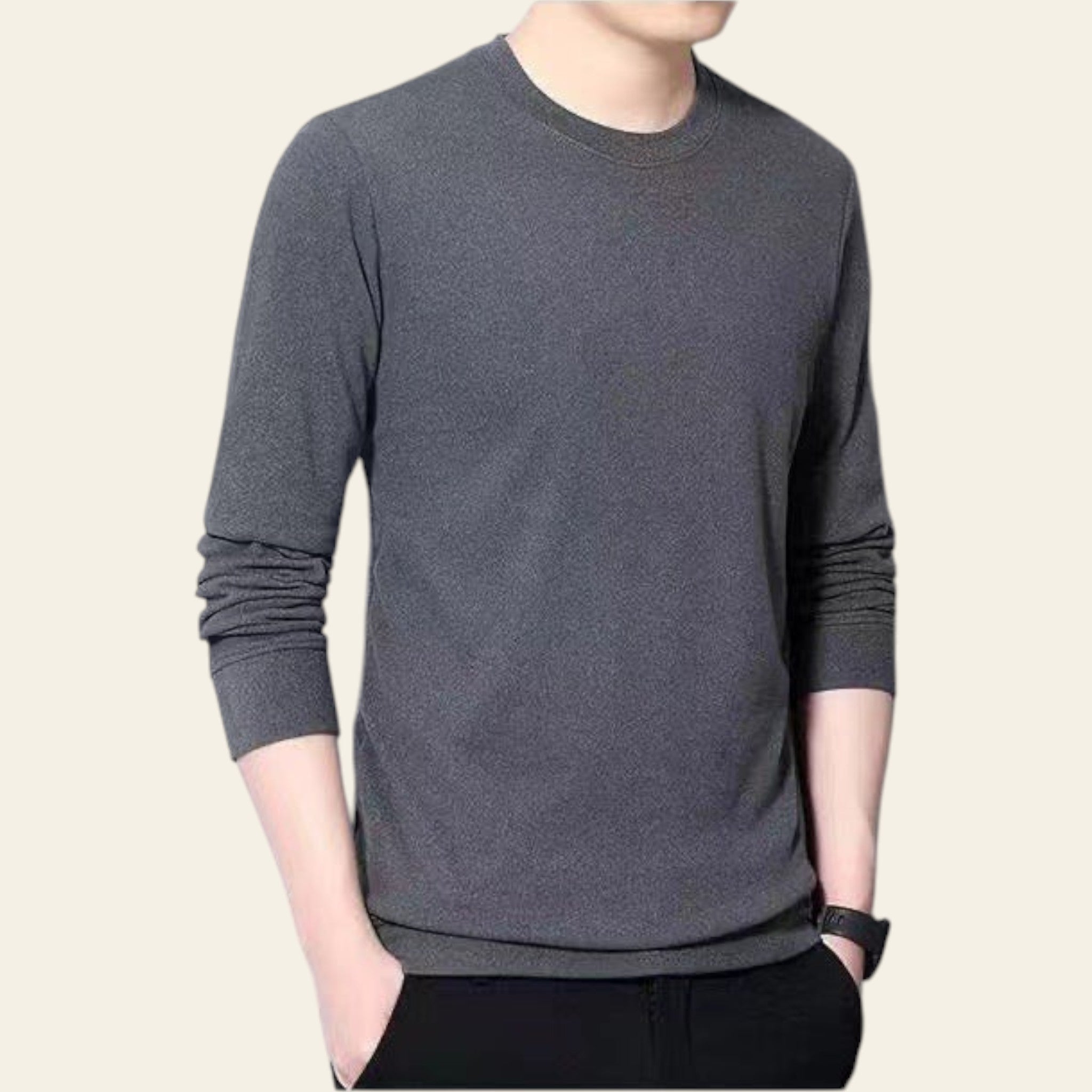 Mannequin wearing a dark gray double-sided fleece crewneck sweater