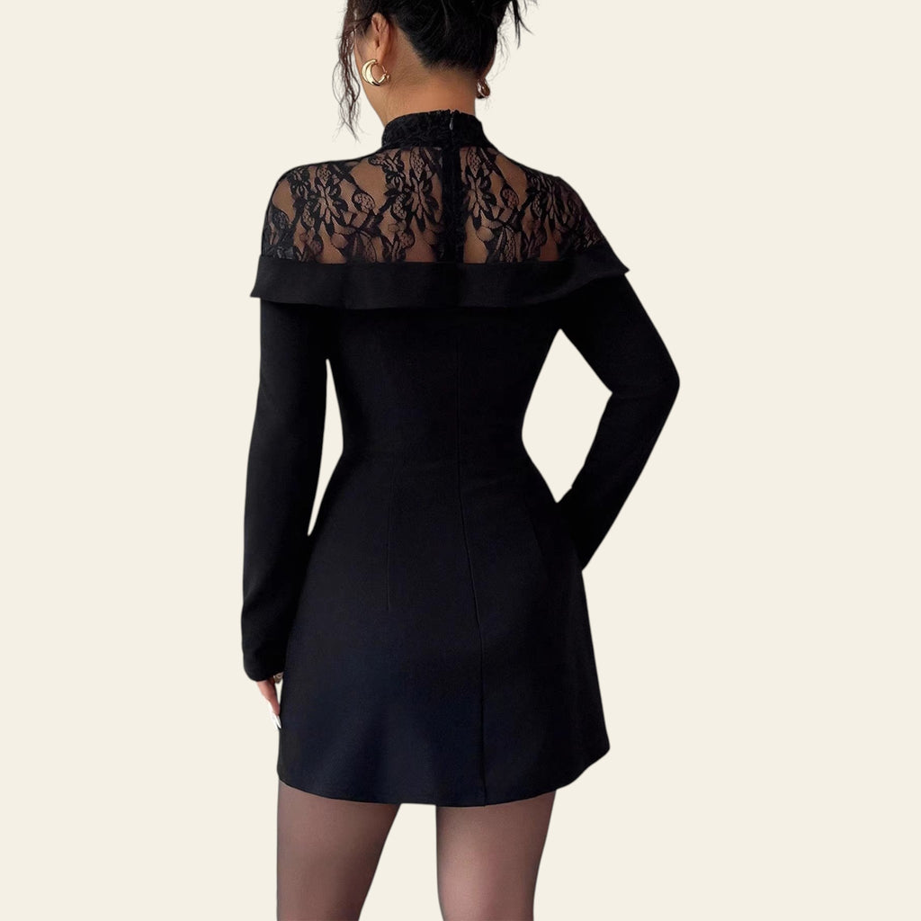 Woman in a black lace bodycon dress shown from the side