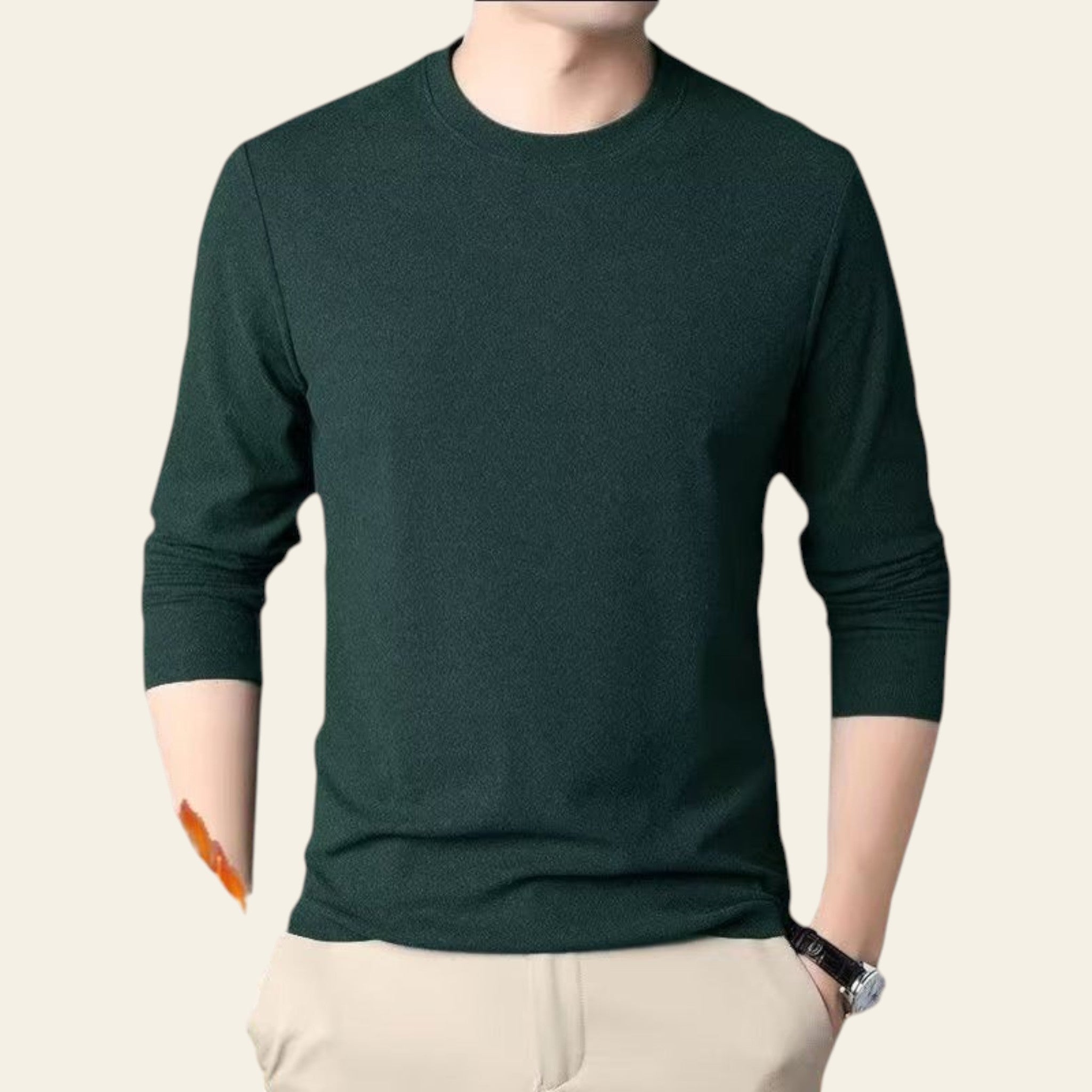 Mannequin wearing a dark green double-sided fleece crewneck sweater