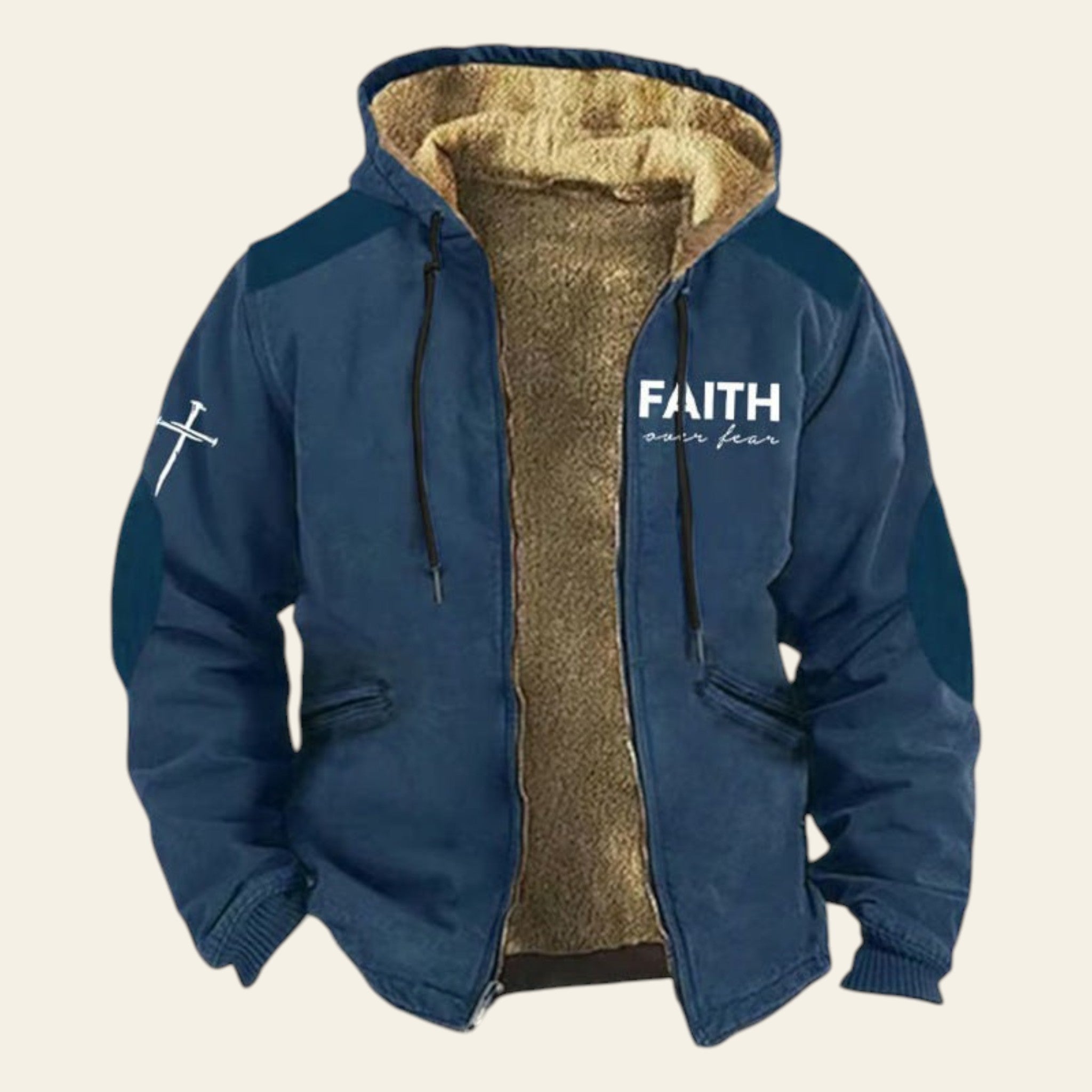 Men's blue hooded jacket with fleece lining and minimalist cross detail on textured background