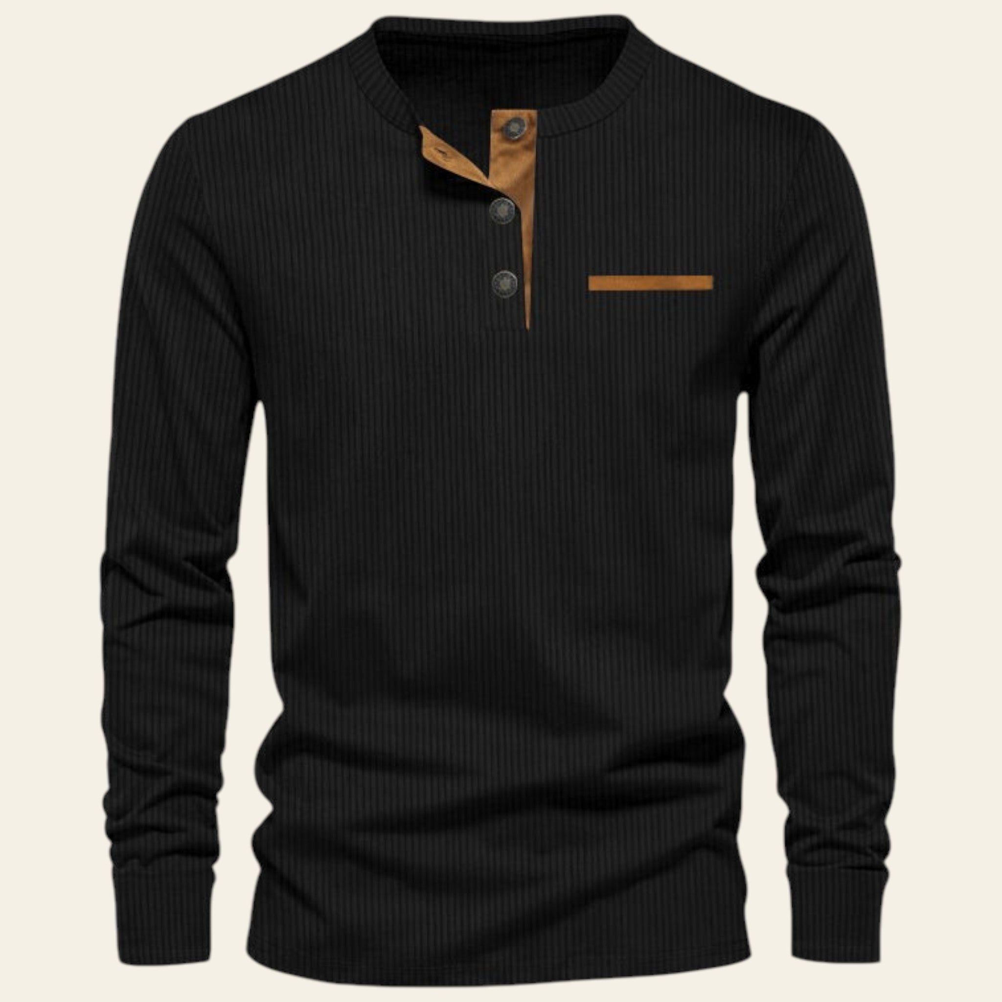 Black ribbed long-sleeve shirt with brown buttons and pocket on a white background