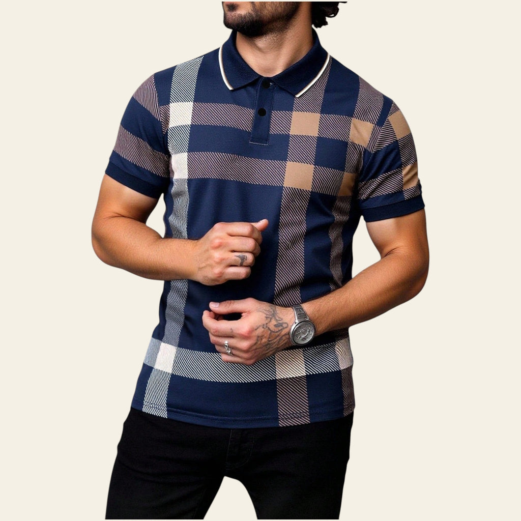 Man wearing a blue and beige checkered polo shirt