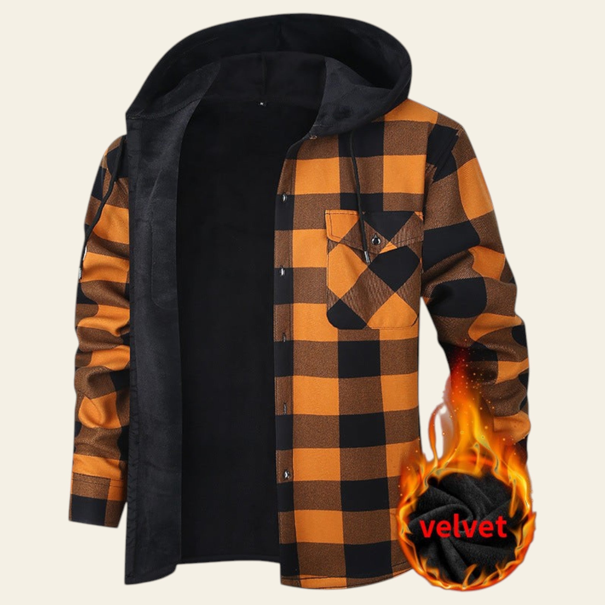 Black and orange checkered hooded jacket with flame graphic and velvet text