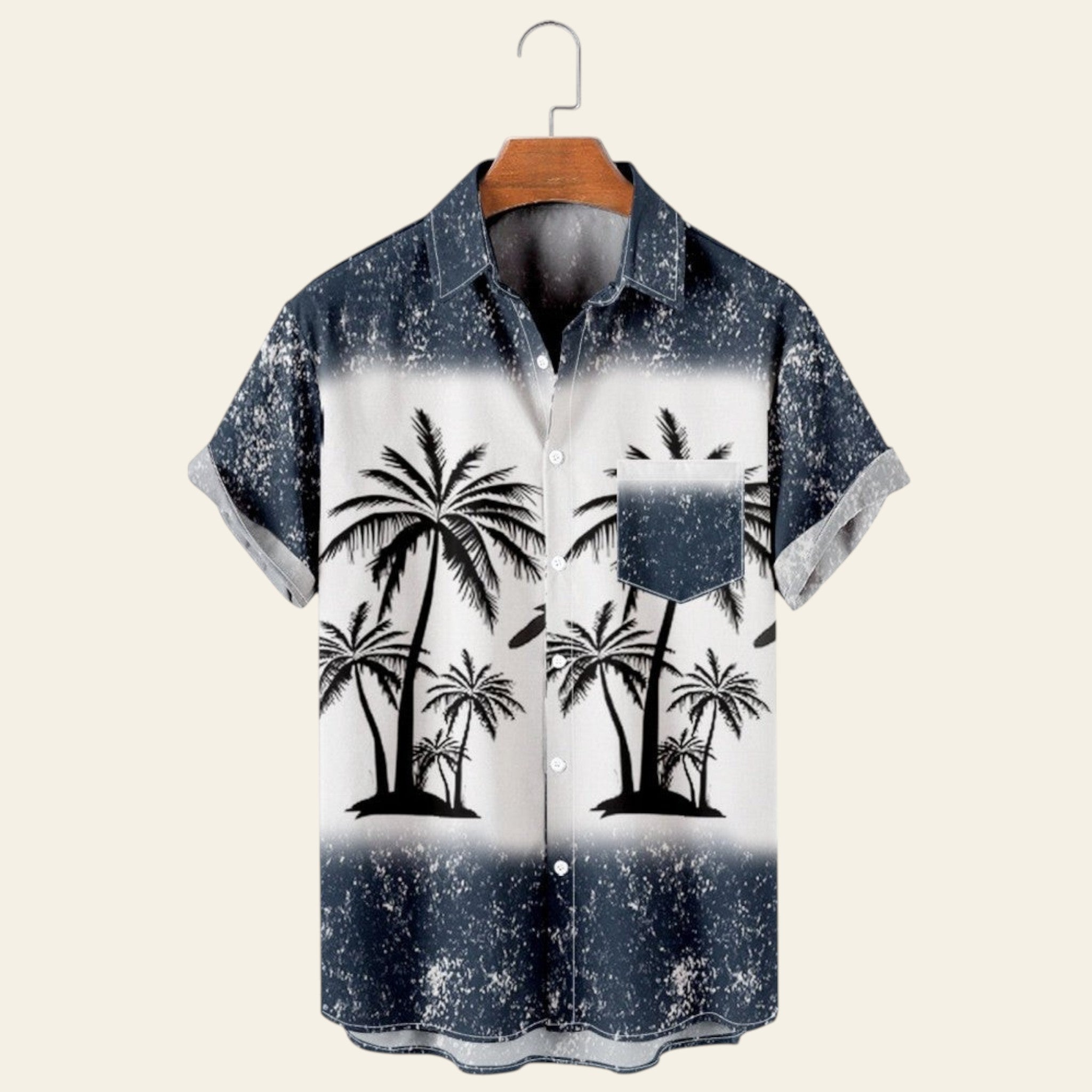 Blue men's short sleeve shirt with palm tree graphic print, casual summer lapel shirt