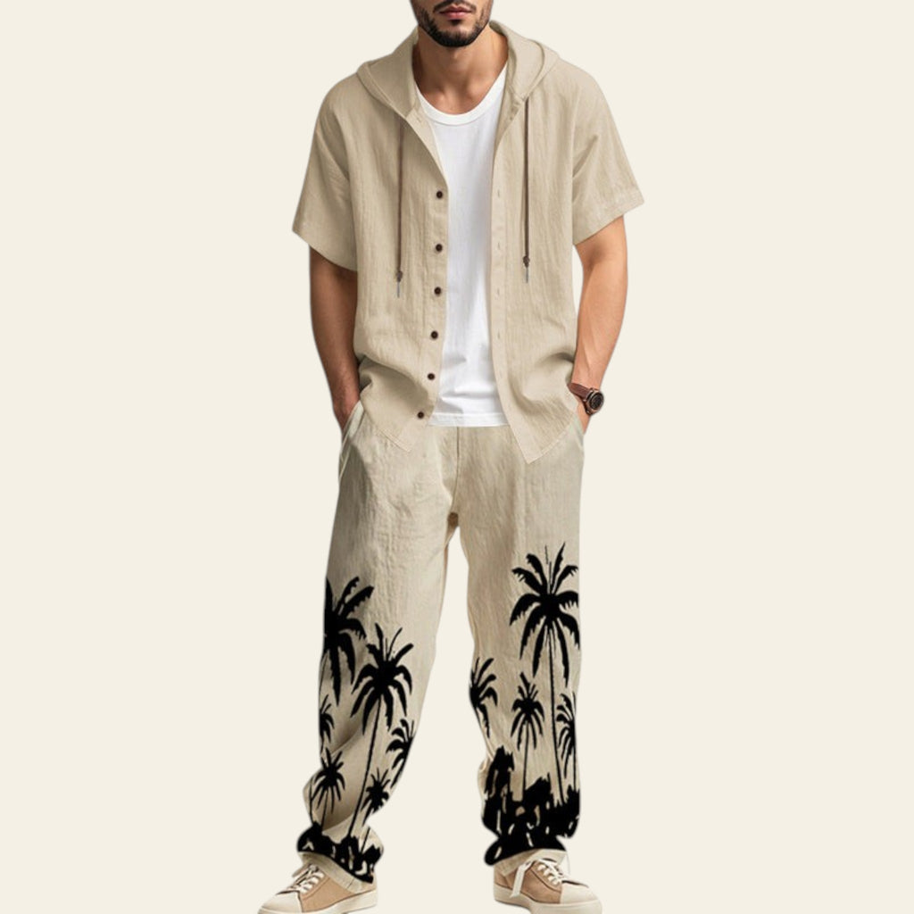 Man wearing a complete men's casual set with hooded short sleeve shirt and matching trousers in light khaki color