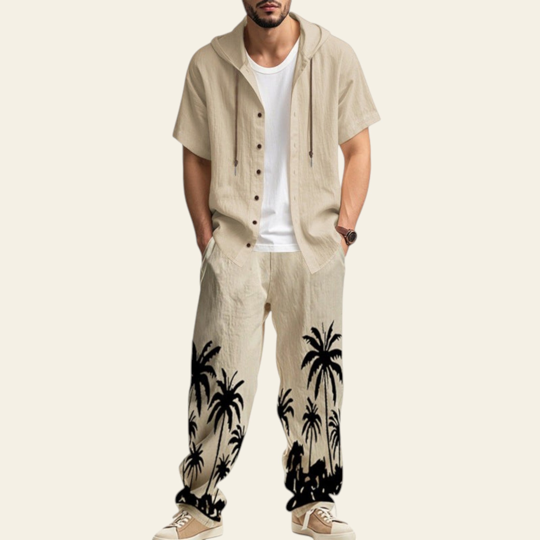 Man wearing a complete men's casual set with hooded short sleeve shirt and matching trousers in light khaki color