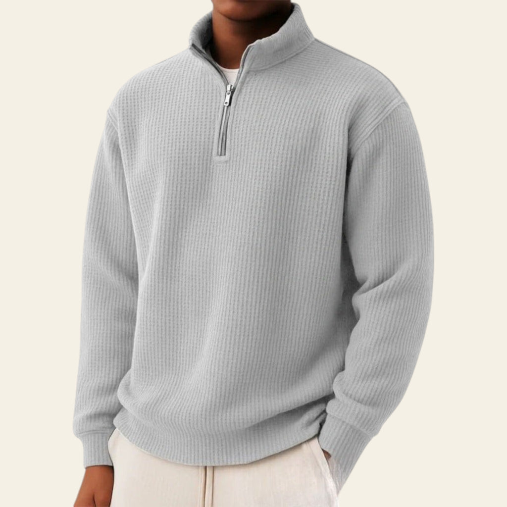 White men's half-zip long sleeve pullover sweater, loose fit