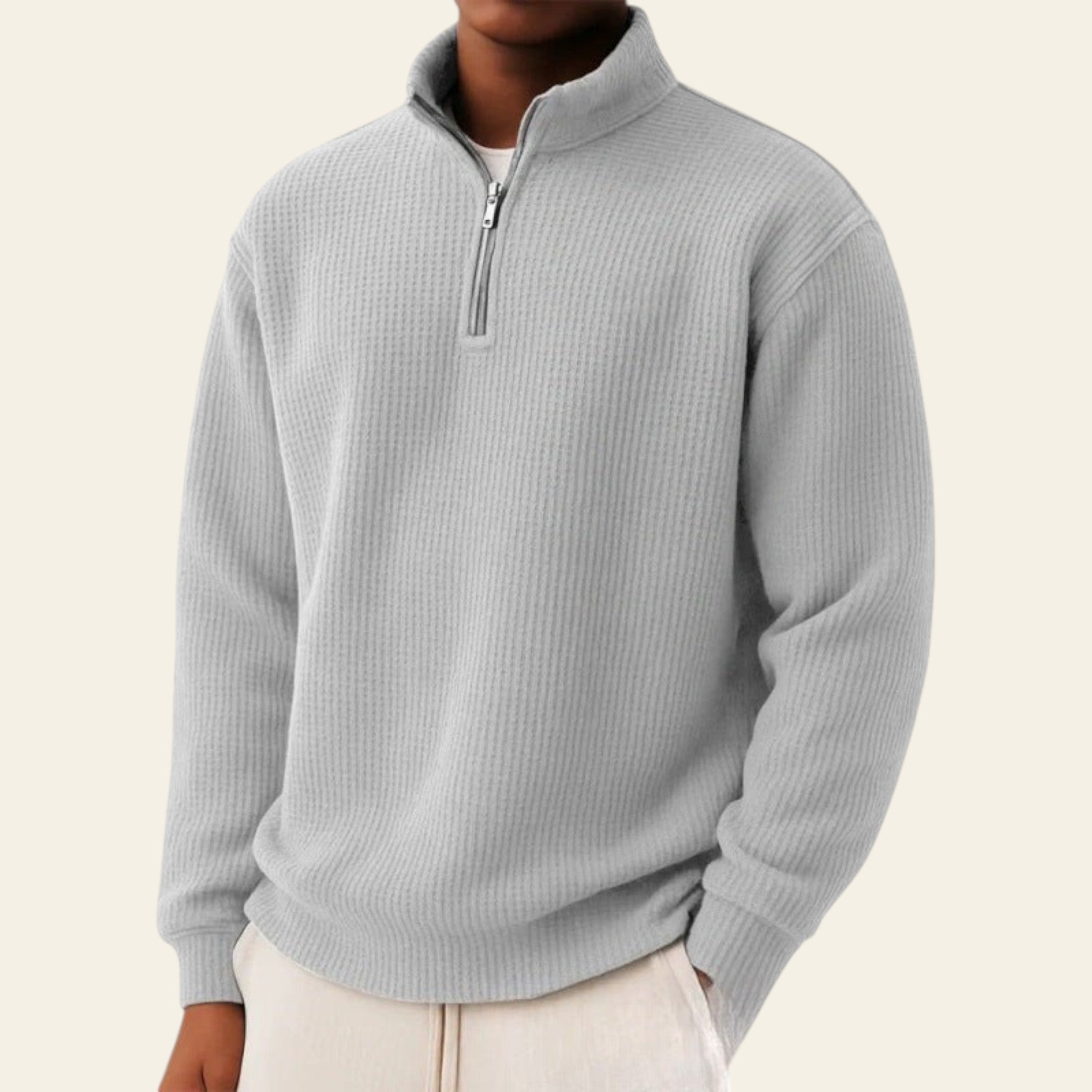 White men's half-zip long sleeve pullover sweater, loose fit
