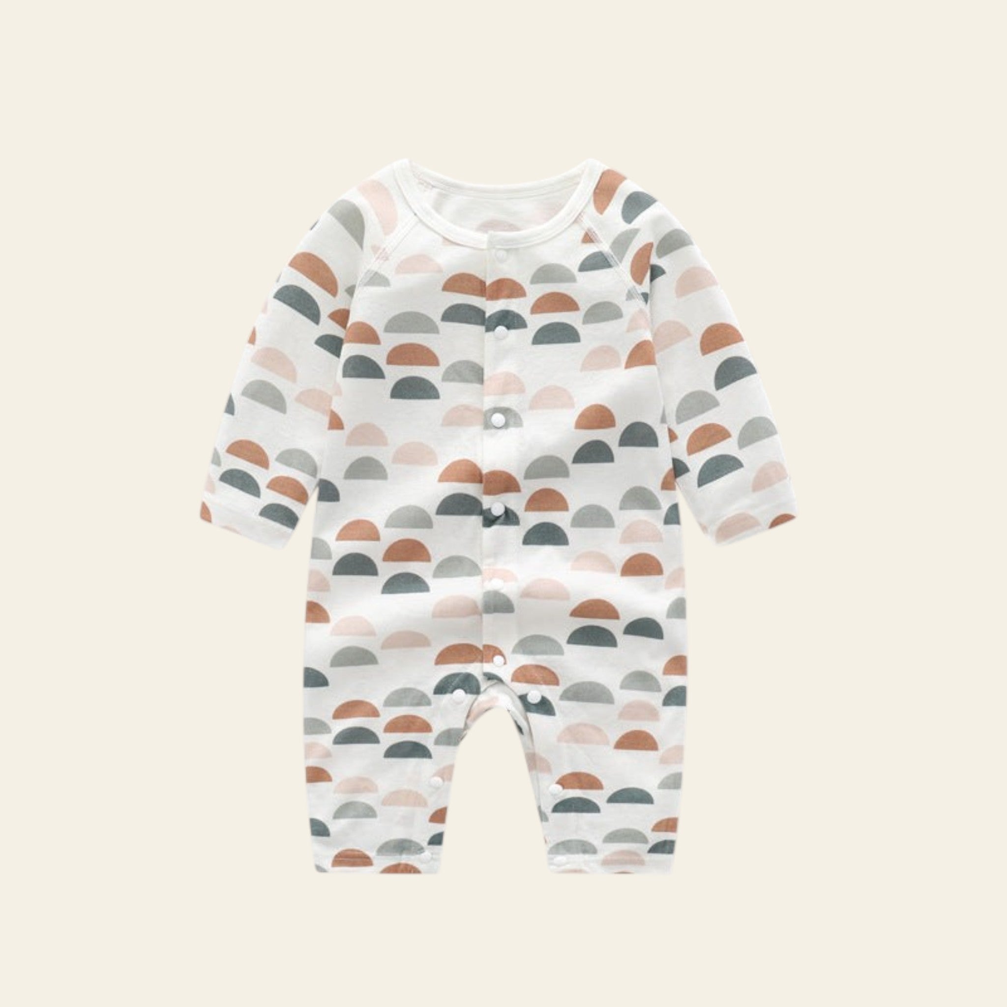 Baby romper with colorful wave pattern on a white background
