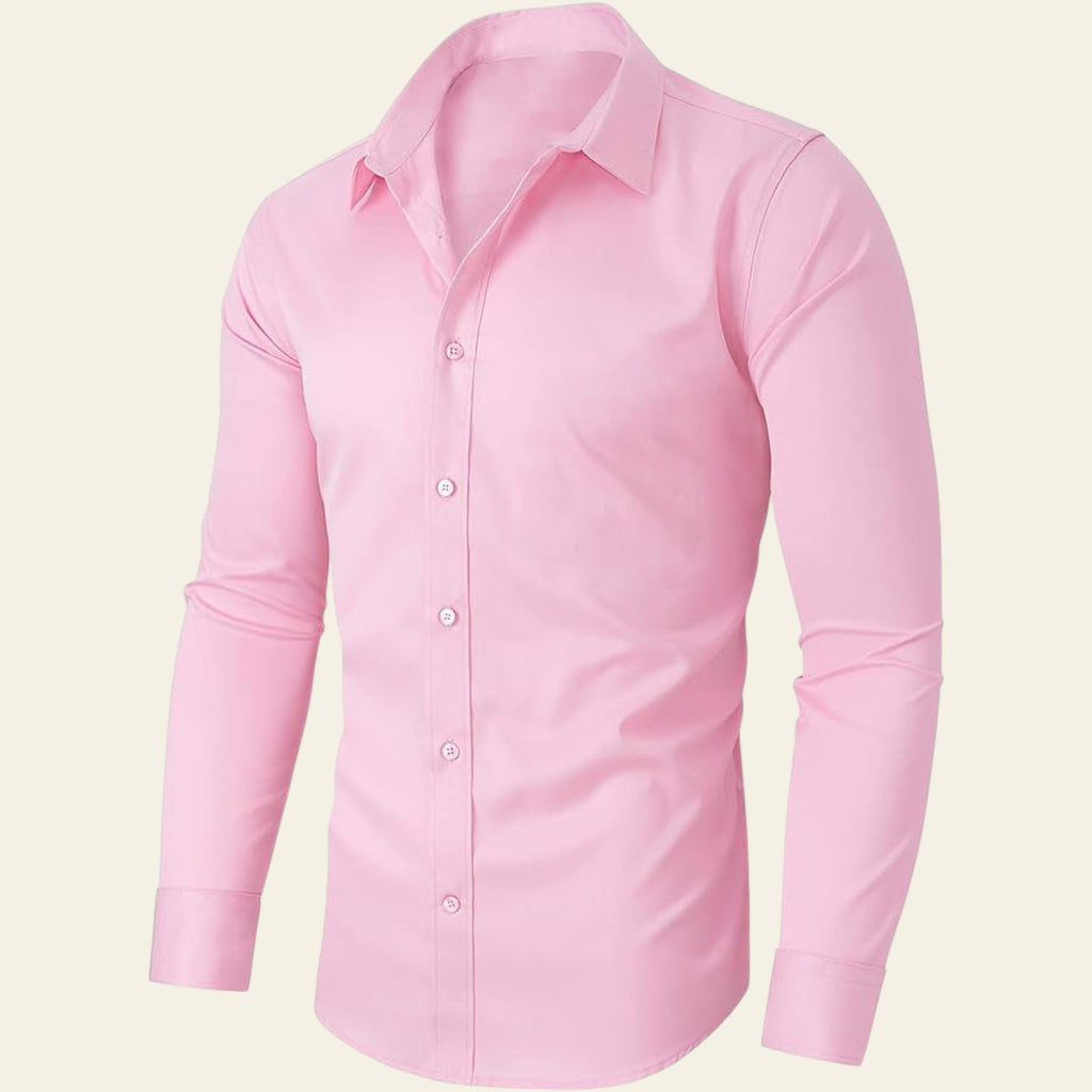 Man wearing a pink long sleeve men's shirt