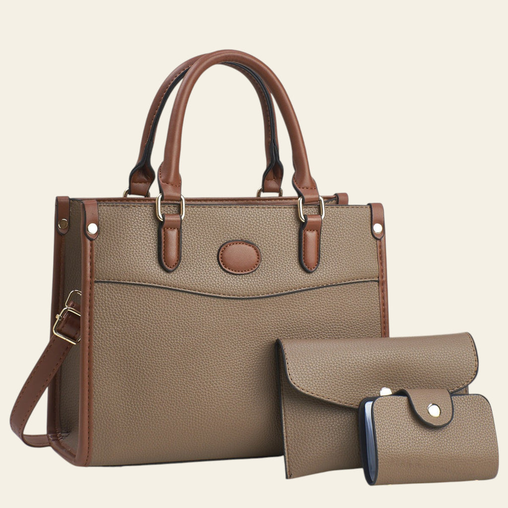 Brown handbag with matching wallet on a light background