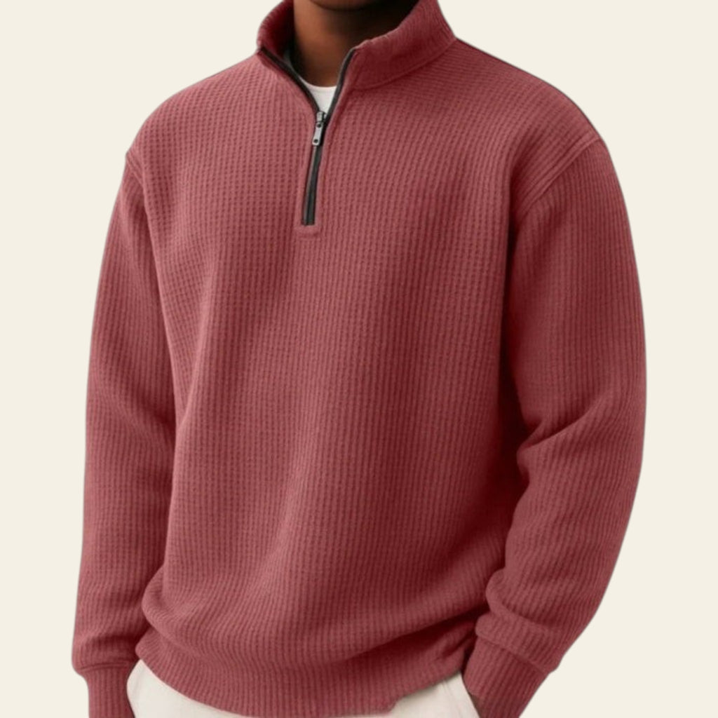 Deep red men's half-zip long sleeve pullover sweater, loose fit