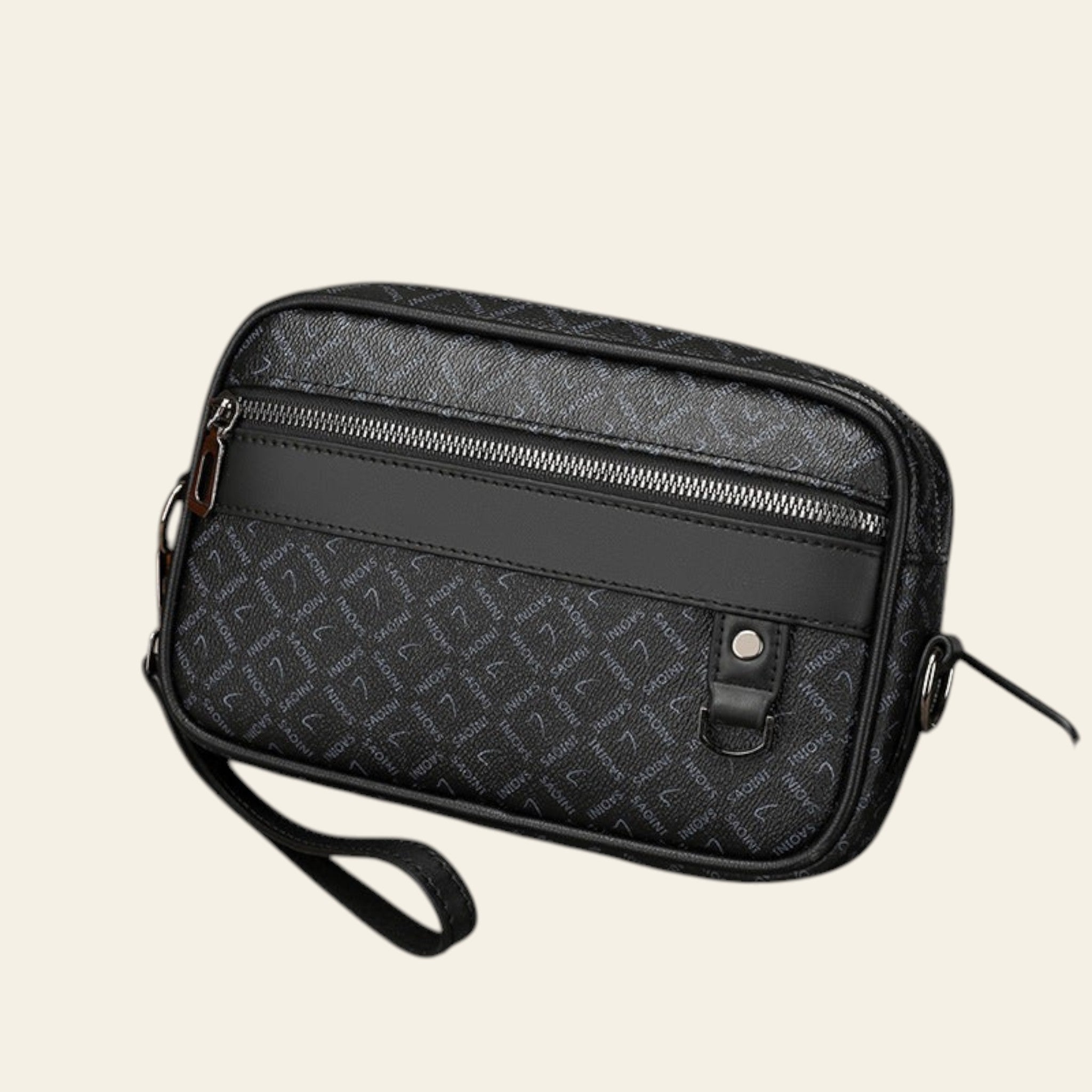 Black patterned bag with a strap on a light gray background