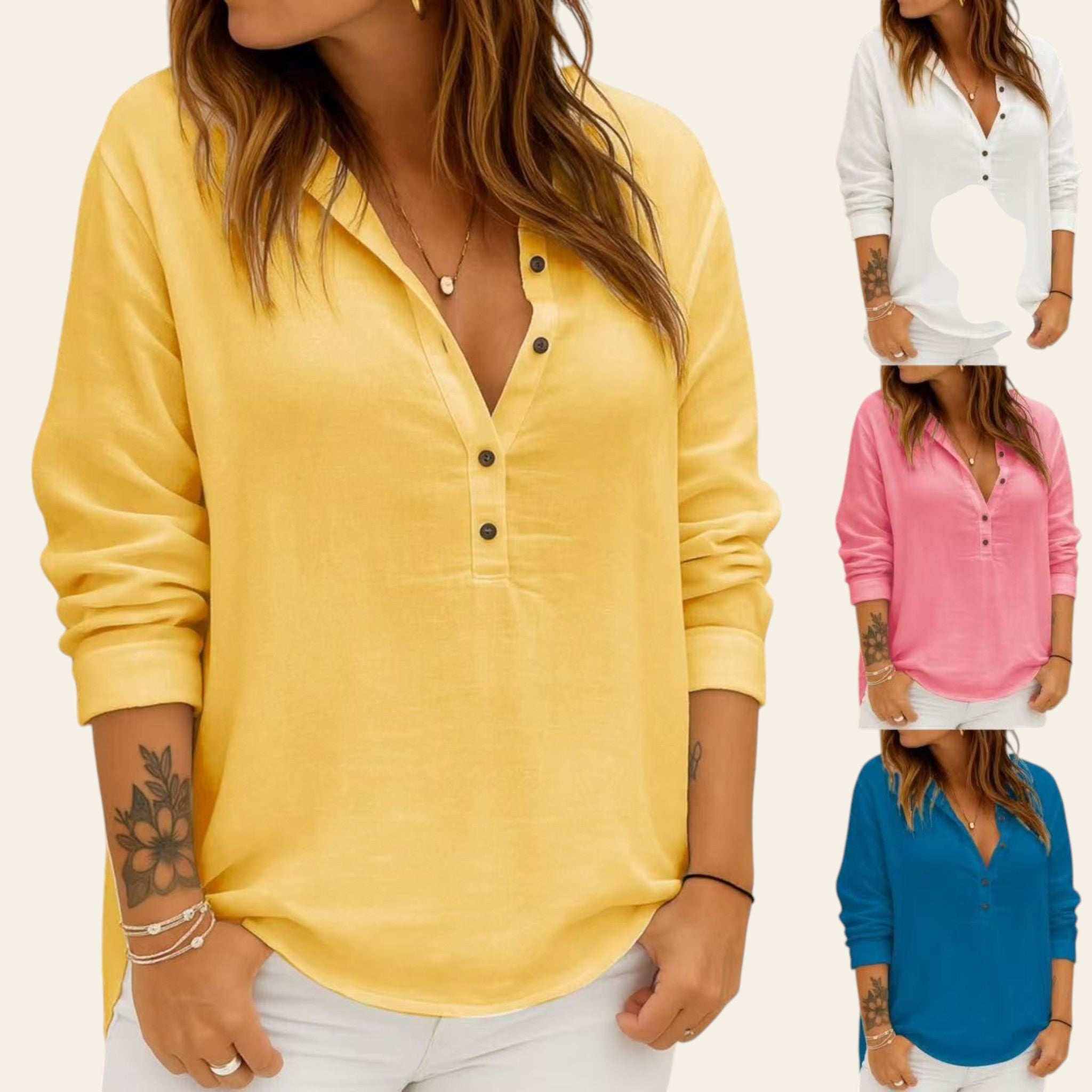 Woman wearing a yellow long-sleeve shirt with button details, shown in different colors.