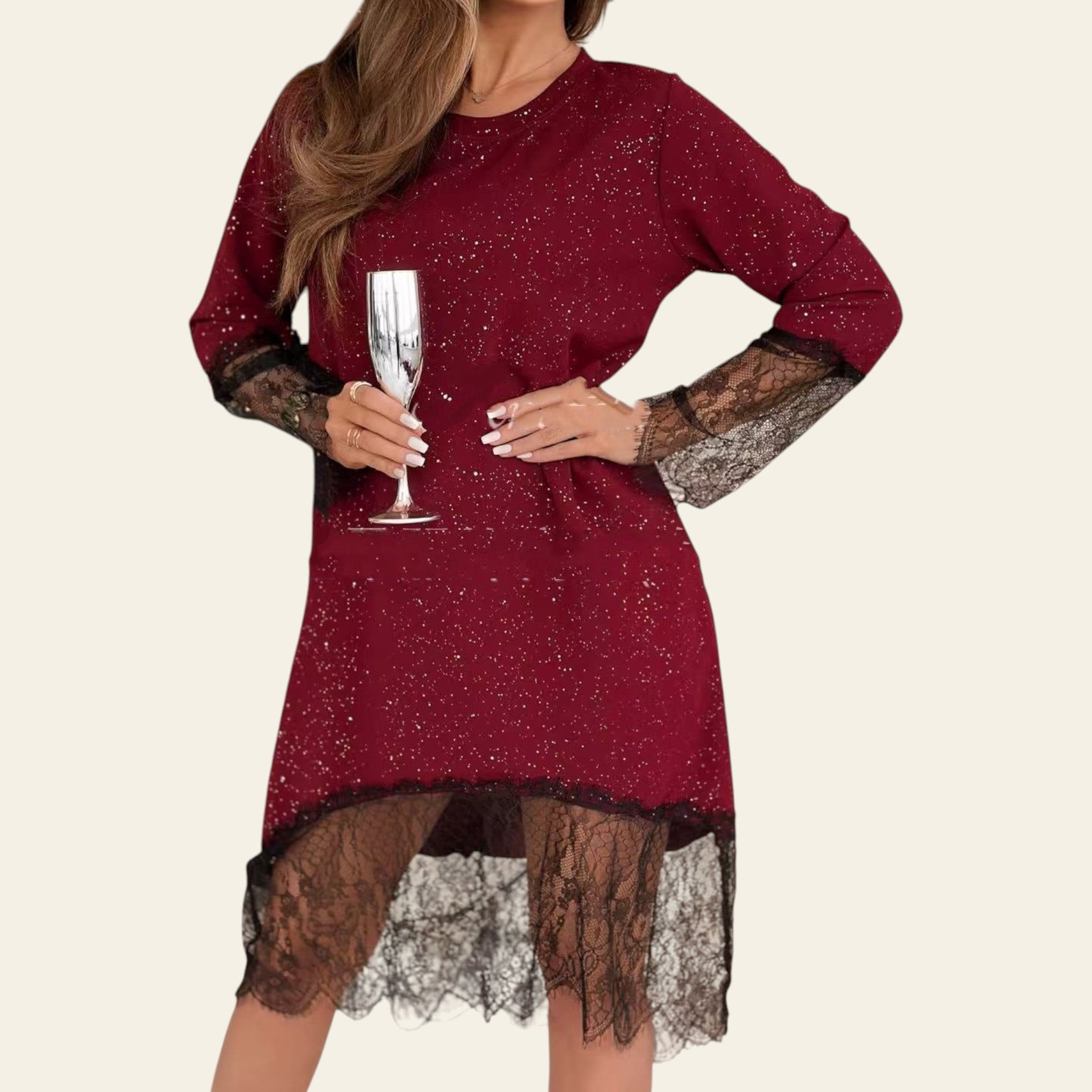 Wine red sequin long sleeve dress