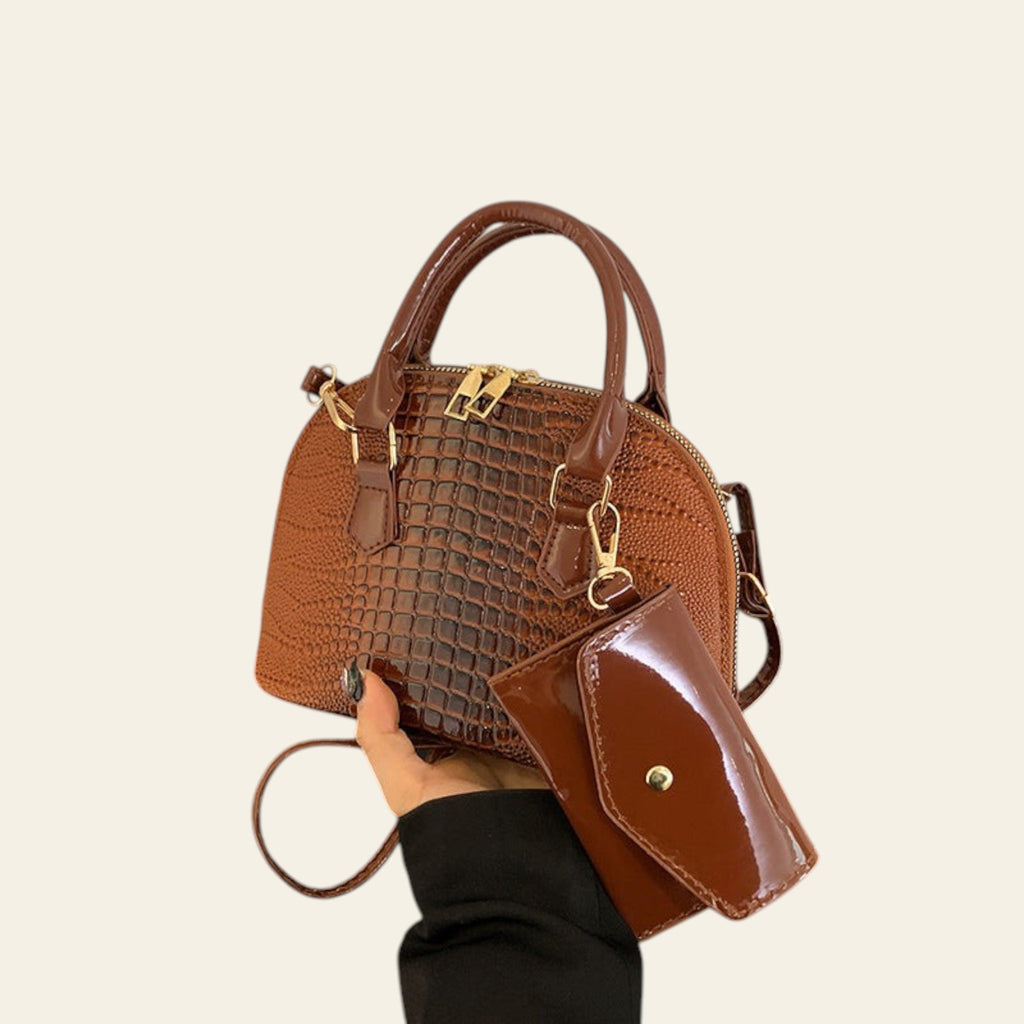 Coffee brown textured leather satchel bag with top handle and crossbody strap