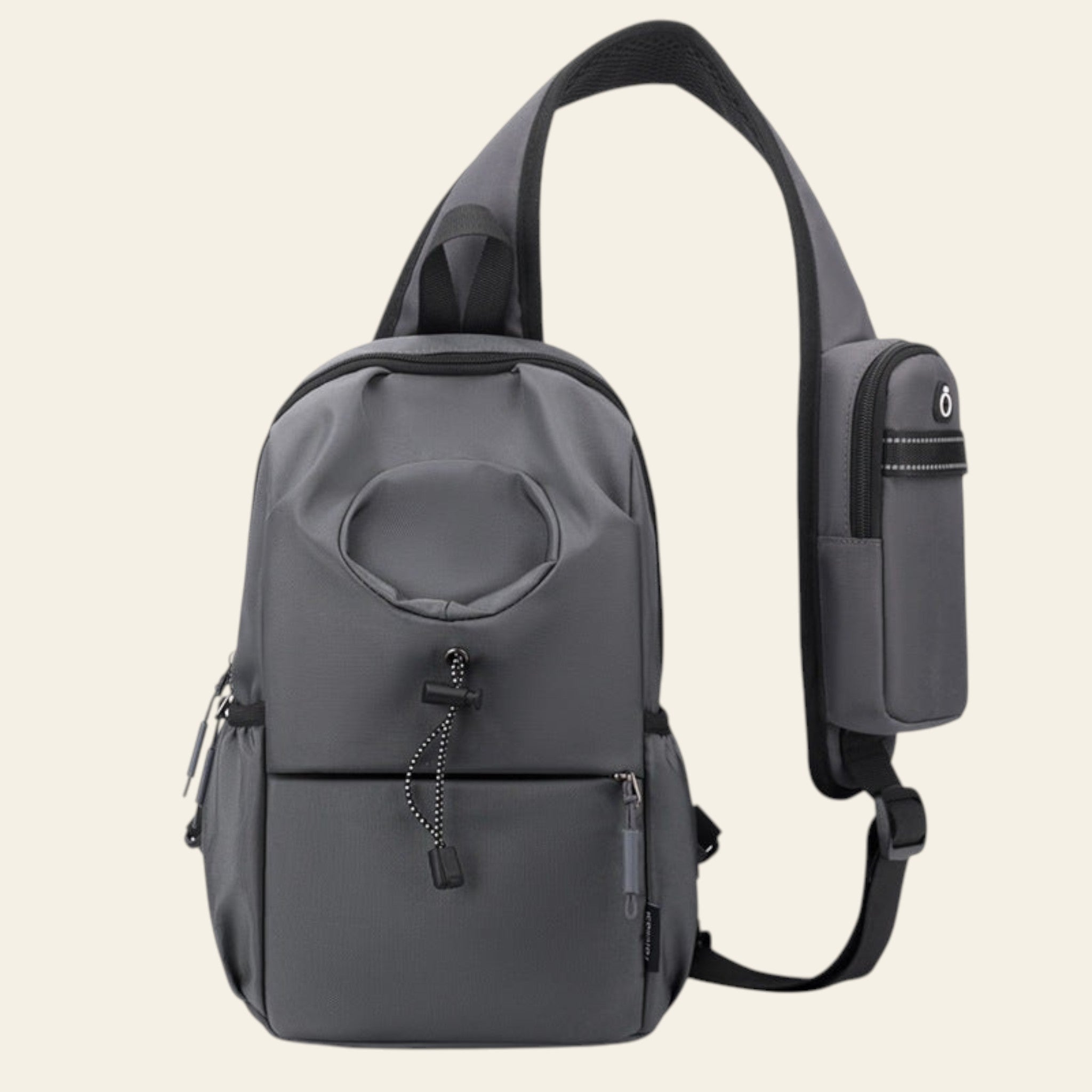 Gray sling bag with a strap on a white background