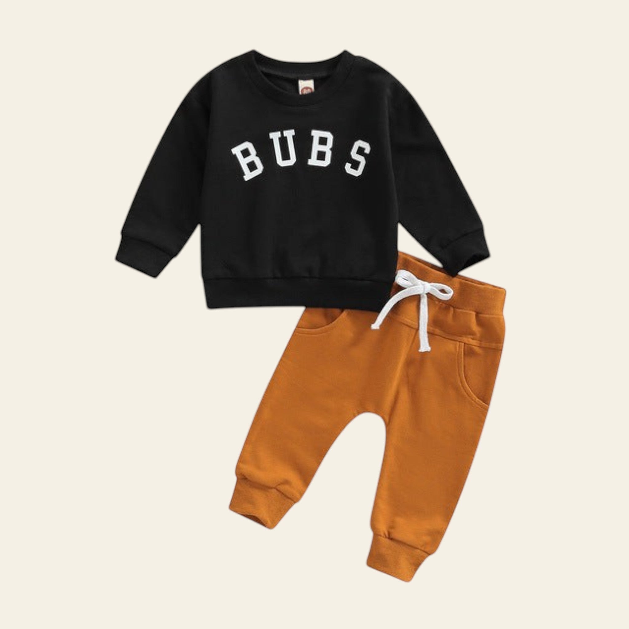 Black sweatshirt with 'BUBS' text and orange pants on a white background