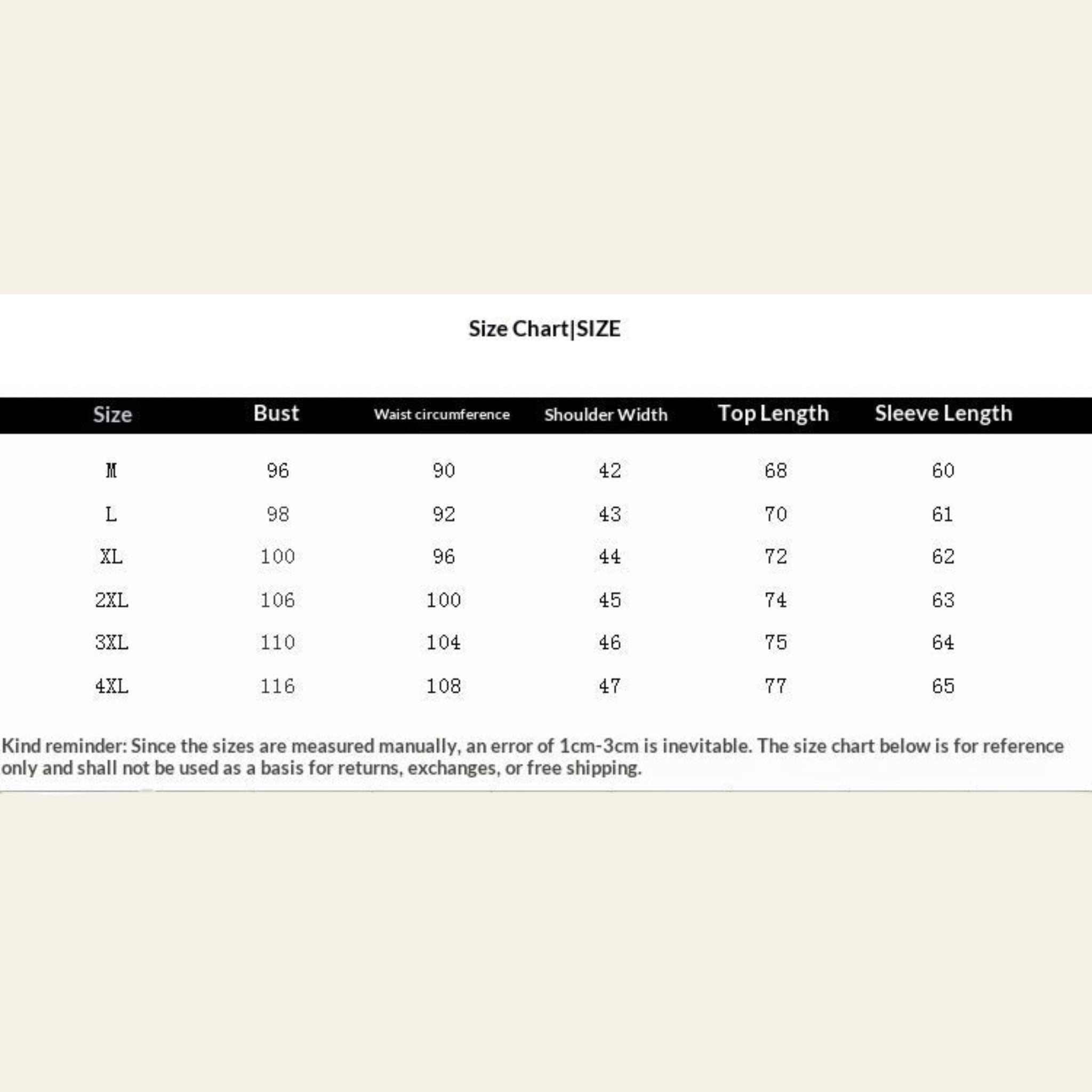 Men's plaid shirt size chart with measurements in cm and inches
