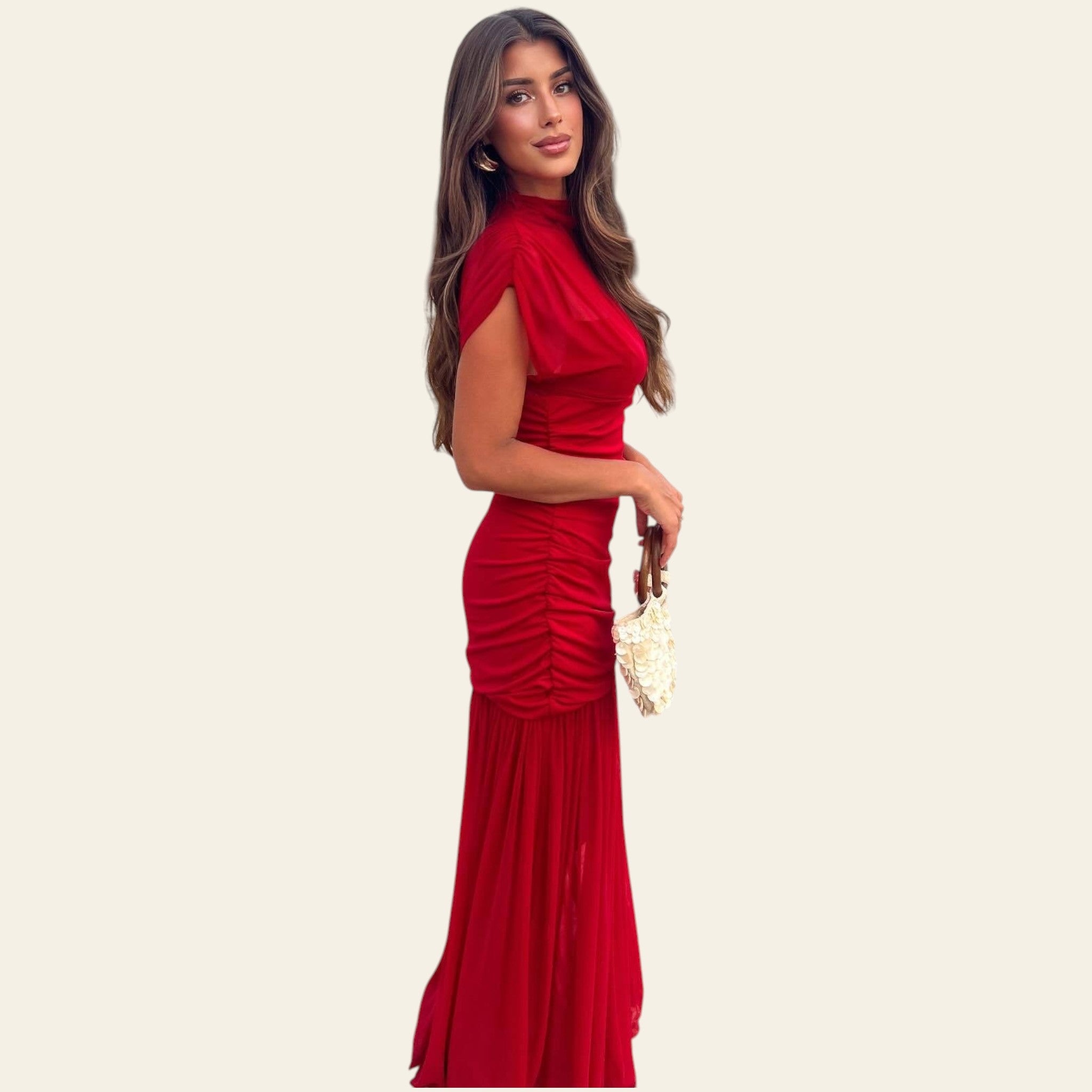 Red mesh patchwork maxi dress on model  (front view)