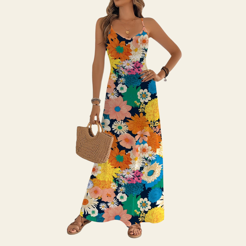 Women's long floral slip dress colorful print side view