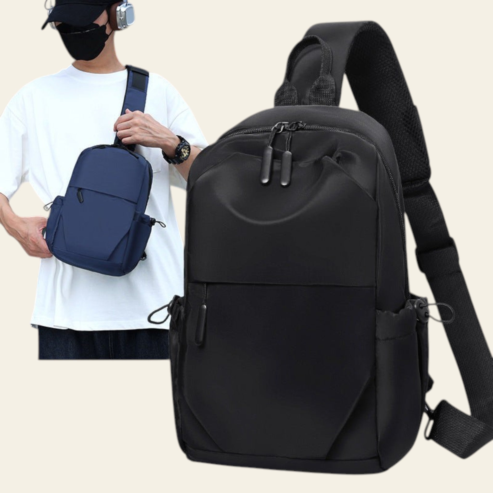 Black backpack with a person holding a blue backpack in the background