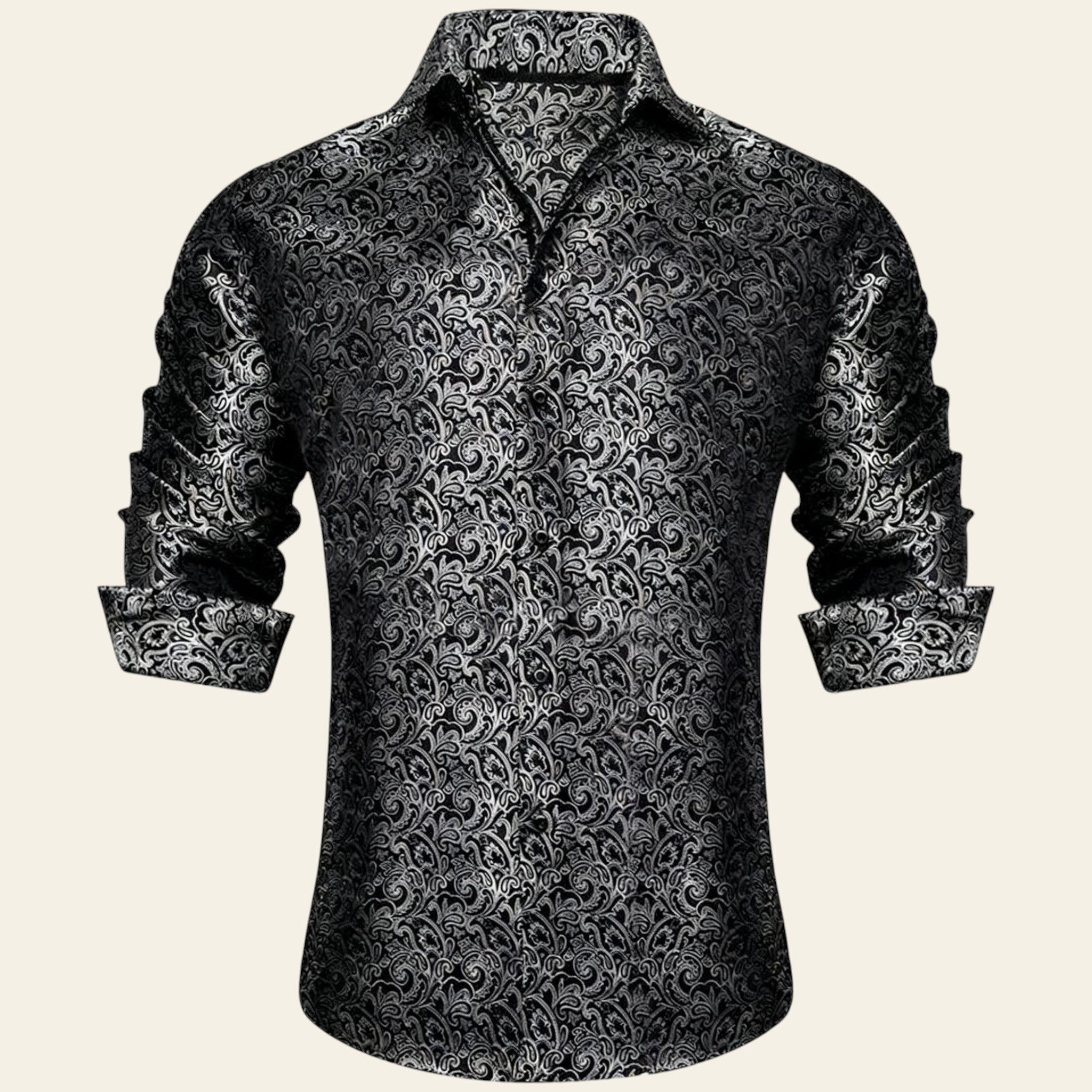 Black patterned shirt with rolled-up sleeves on a white background, featuring the brand 'VKG'.