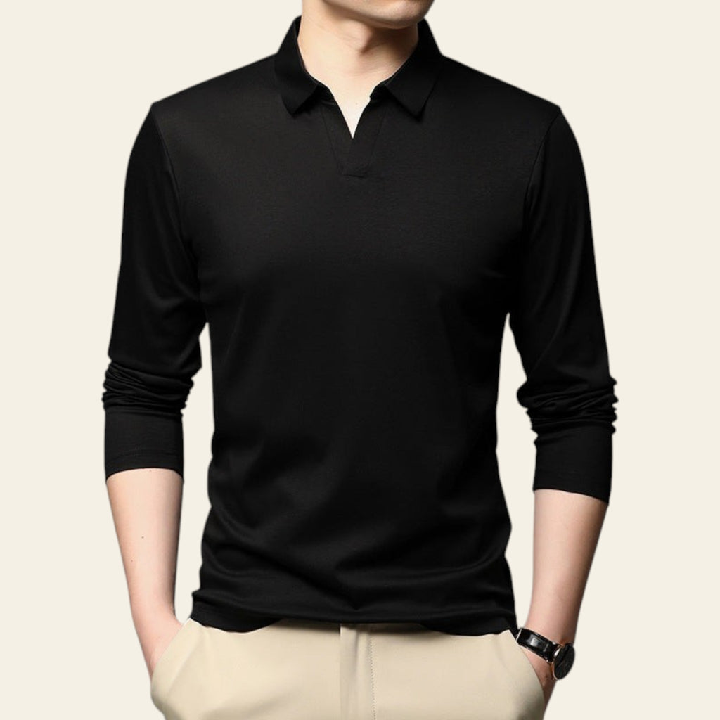 Men wearing solid black cotton long sleeve lapel shirt