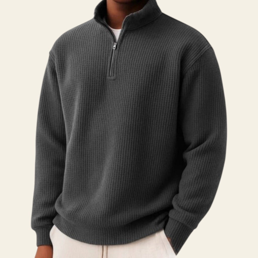 Black men's half-zip long sleeve pullover sweater, loose fit