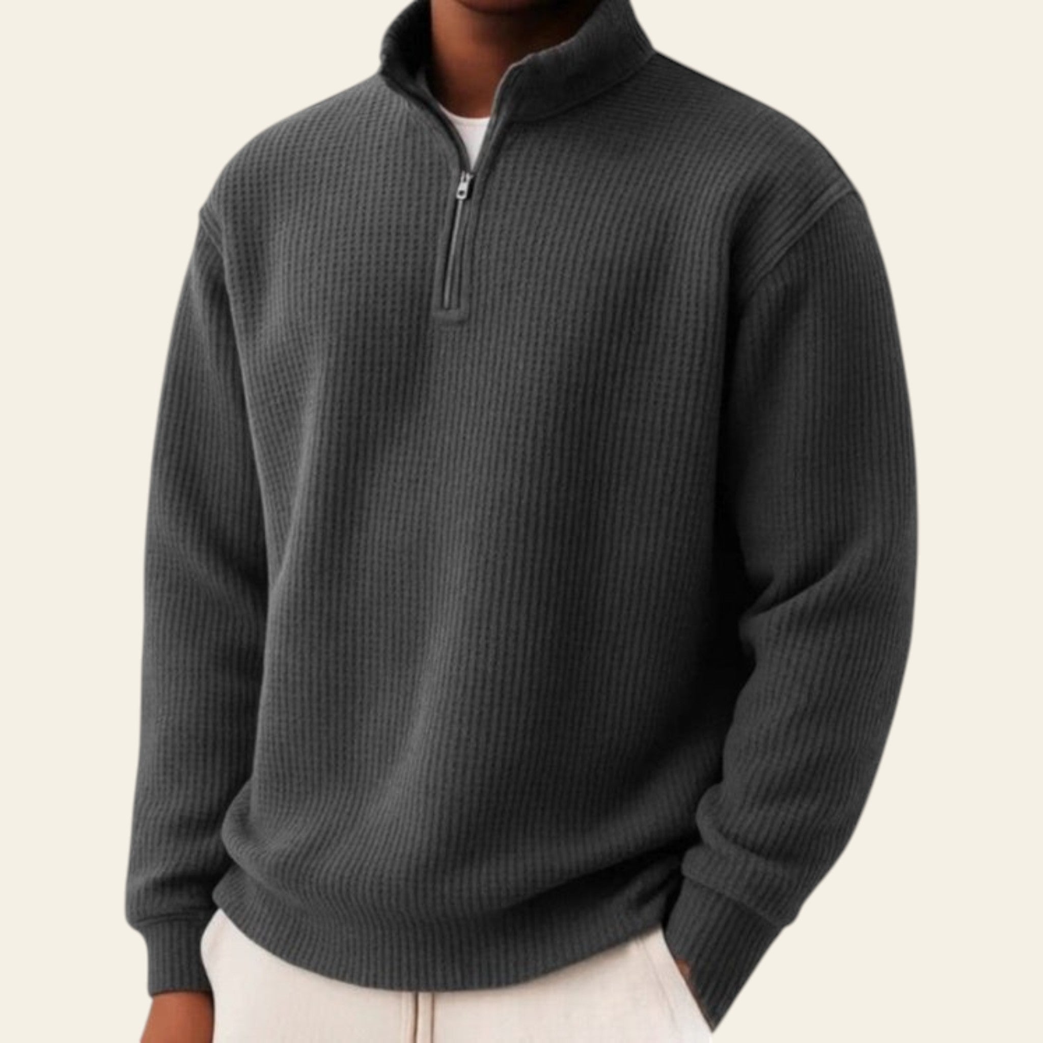 Black men's half-zip long sleeve pullover sweater, loose fit