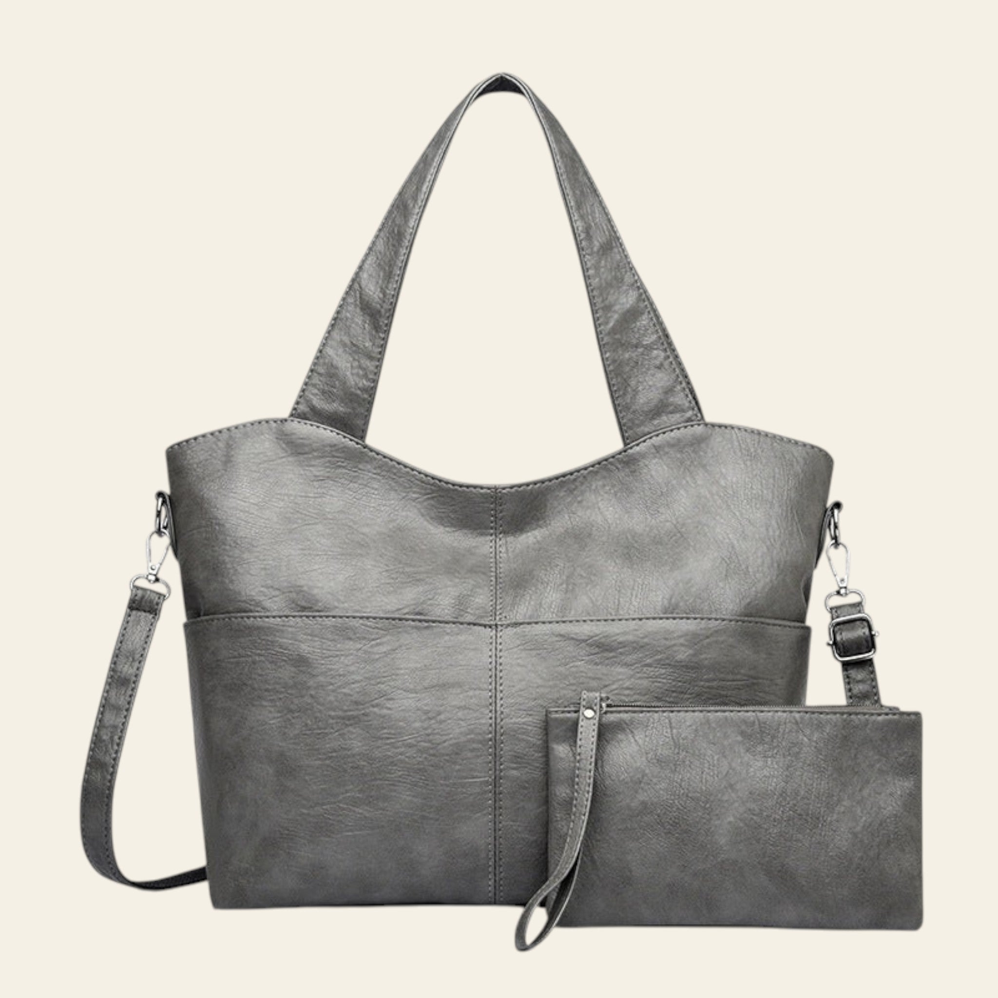 Gray handbag with a matching pouch on a white background