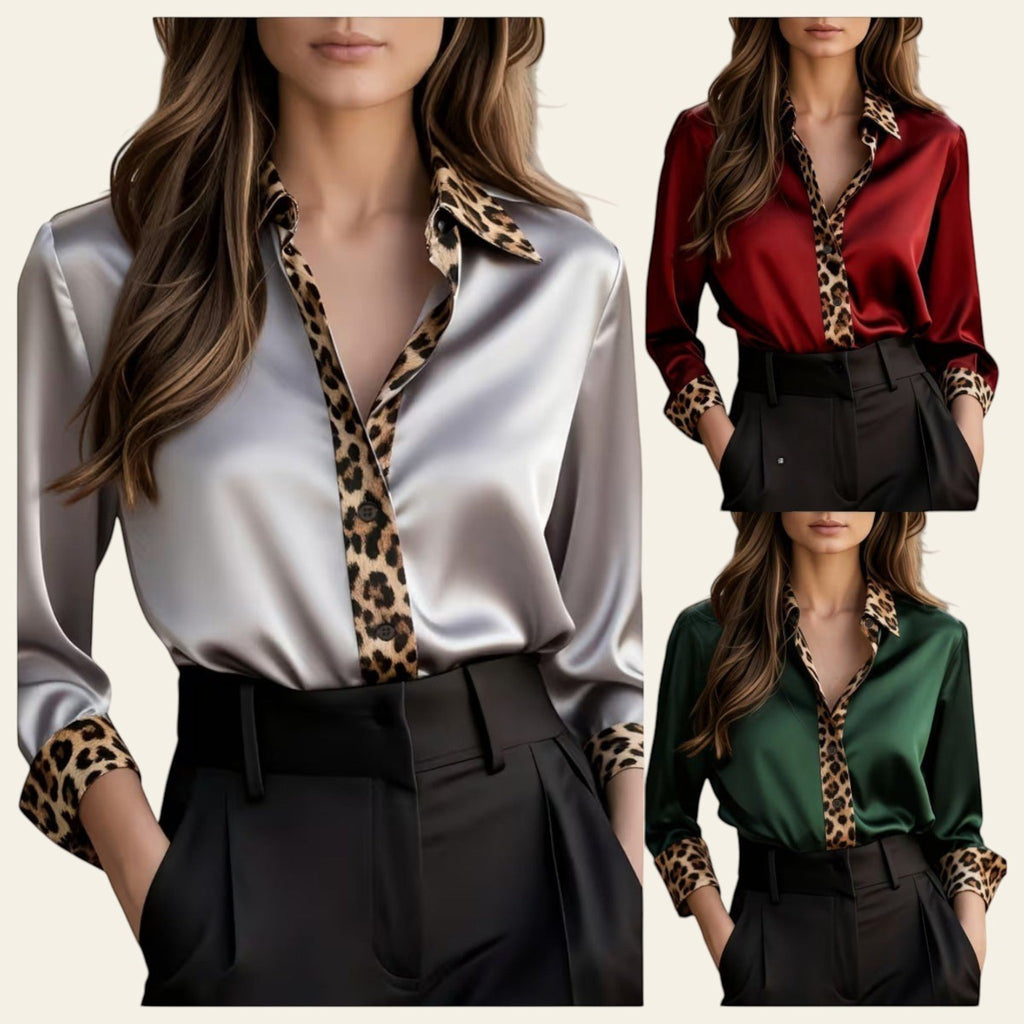 Woman wearing a blouse with leopard print accents in various colors.