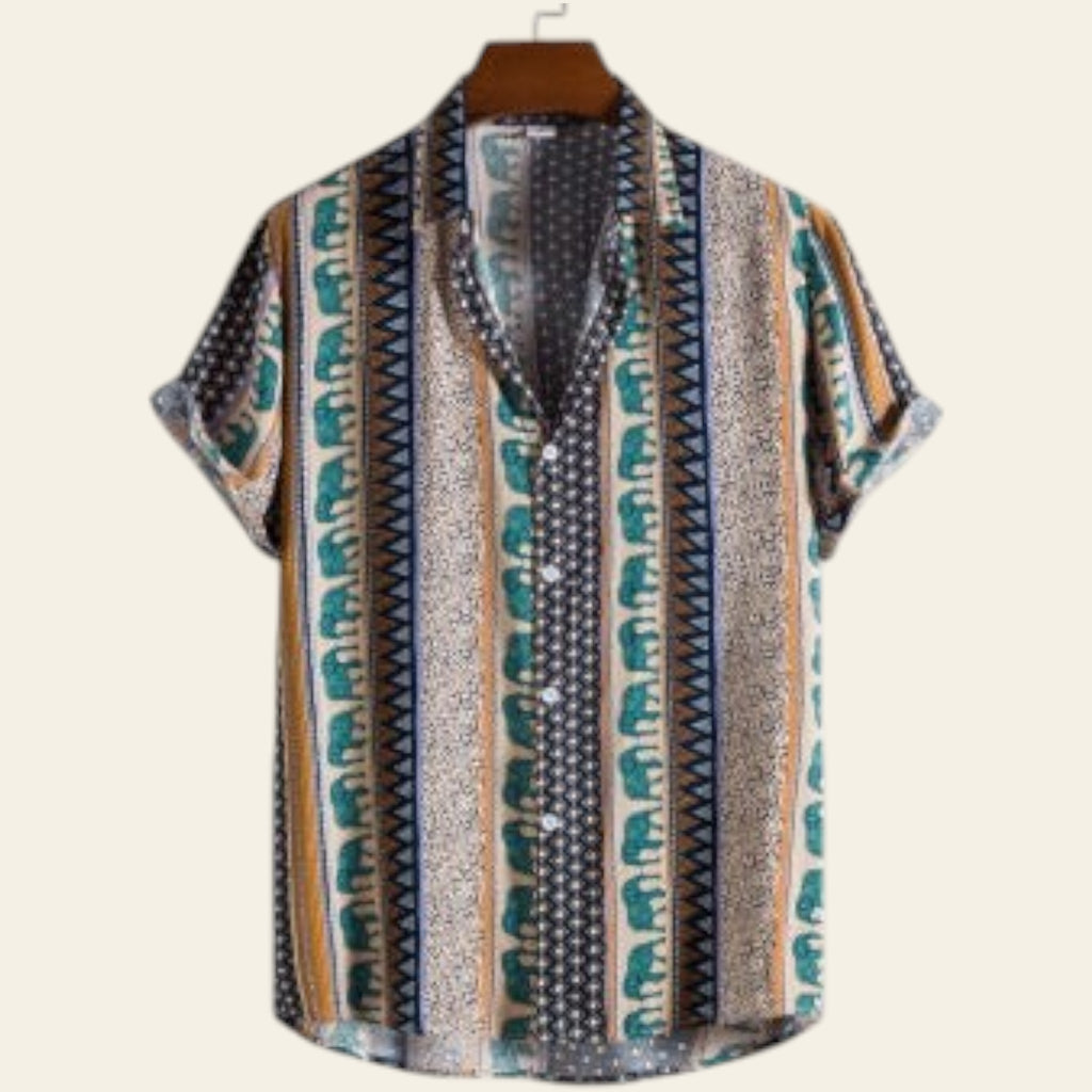 Patterned shirt on a hanger with a white background