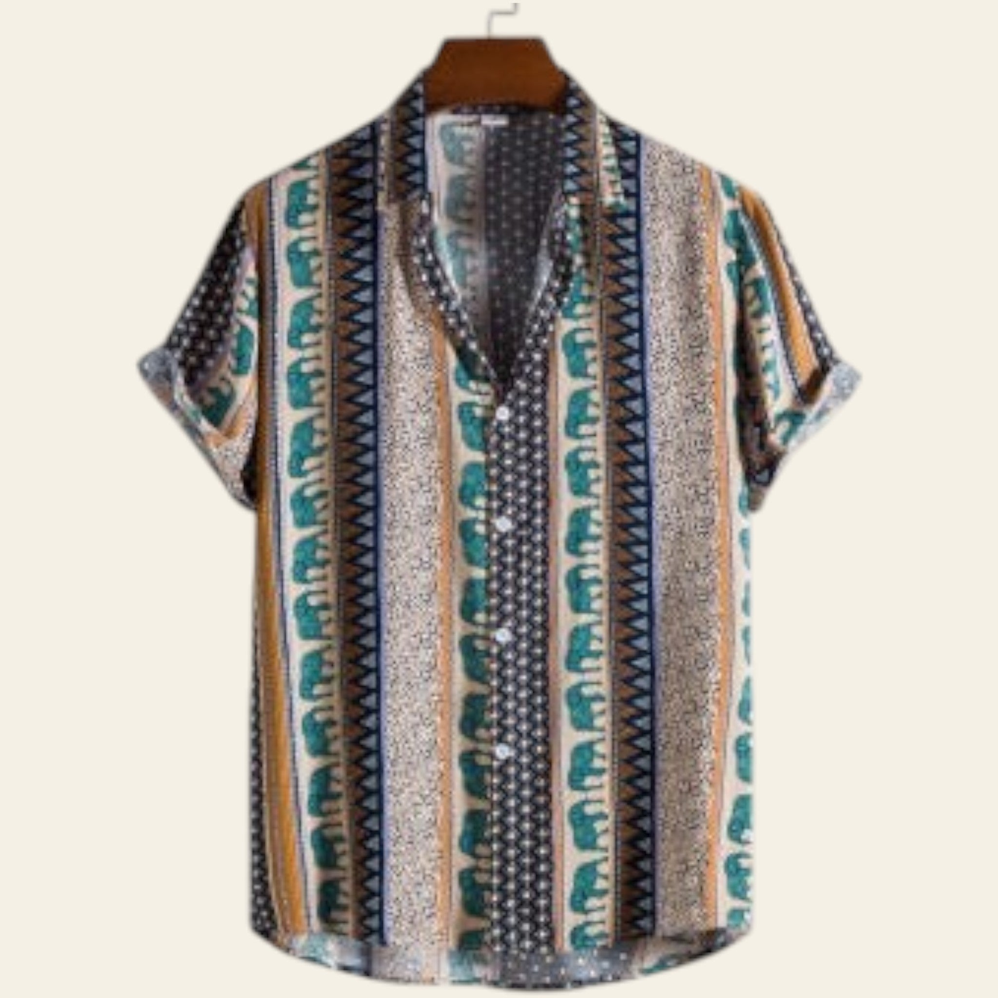Patterned shirt on a hanger with a white background